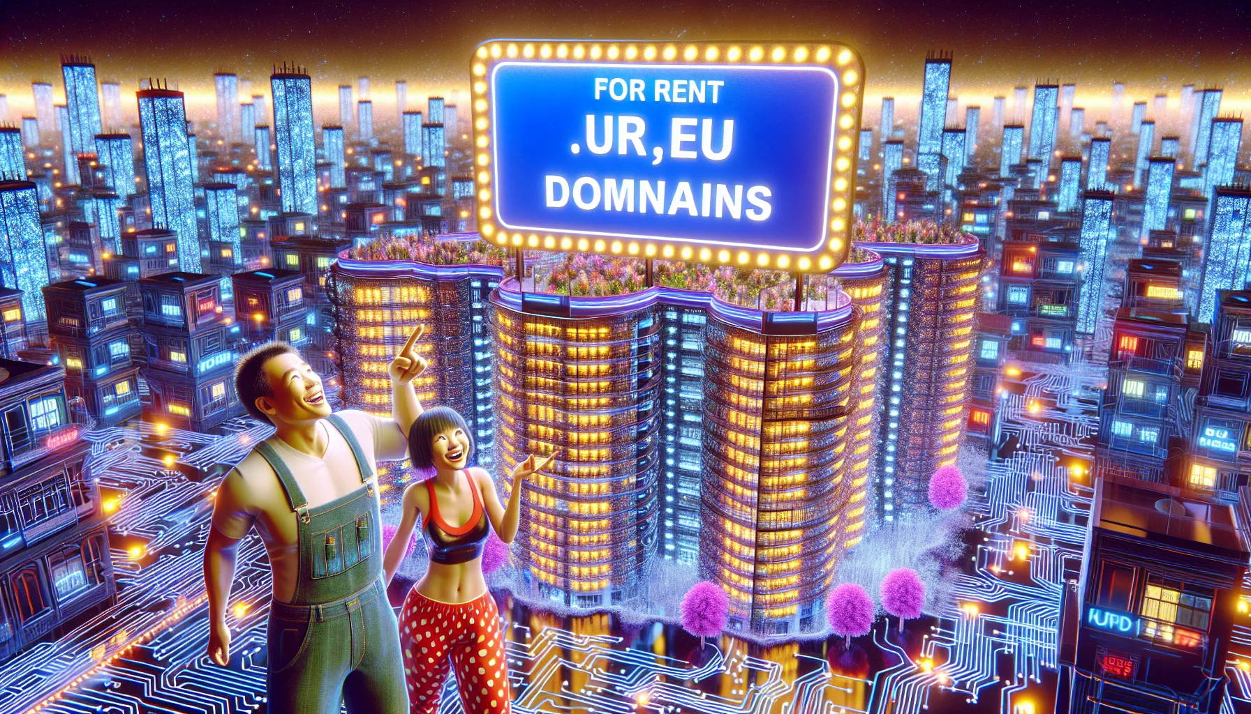 Create a humorous and enticing scene about .eu domains provided by a web hosting company. The scene could depict a physical representation of the internet as a vast, bustling city made of shimmering circuitry and glowing data streams. The main feature is a large, colorful billboard showcasing the .eu domains, portrayed as stylish, futuristic apartments available for rent. The 'For Rent' sign on the billboard is replaced by 'Web Hosting Available' and the skyline around is filled with virtual skyscrapers, symbolizing other domains. A few comically exaggerated, joyful characters (an Asian woman and a Black man) are seen excitedly pointing at the billboard, ready to 'move in' to their new .eu domain.