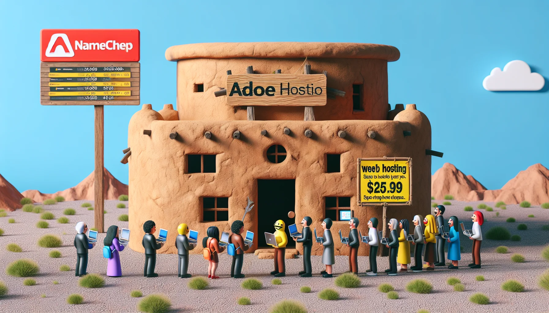 Create a humorous and realistic scenario portraying the concept of web hosting. In this setting, an old-style building has been made from adobe, serving as a metaphor for Adobe Portfolio. Near it, there's a sign displaying a similar logo to that of Namecheap, but not identical, showing special discounts. There's a line of various excited people of different genders and descents waiting to get inside, holding their laptops, eager to take advantage of the cheap hosting deals. The scene invites curiosity and hilarity, highlighting the eccentric nature of the always-evolving digital world.