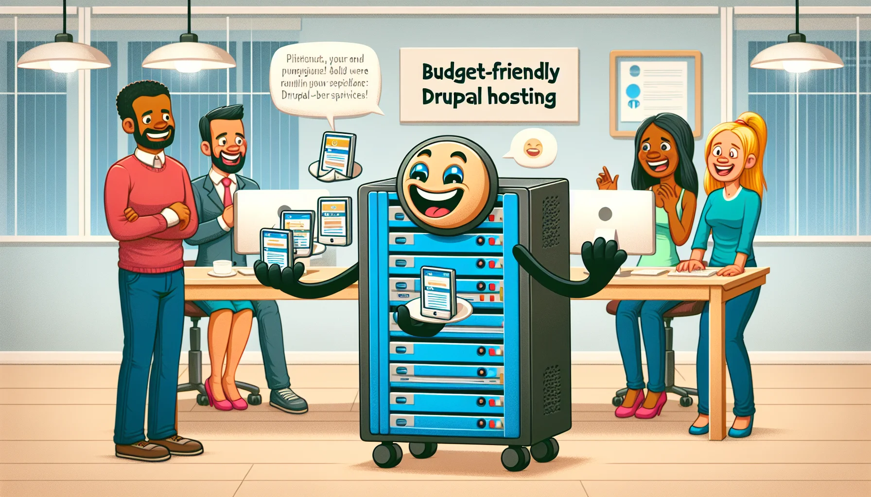 Illustrate a humorous scenario relevant to budget-friendly Drupal hosting. Picture a hardworking yet cheerful anthropomorphic server rack placed in an inviting office environment. The server rack, personified to have arms and legs, frantically juggling website icons to signify various Drupal sites. It succeeds in its task with a bright smile, alluding to the reliable nature of the service. Adjacent to the server rack, a diverse set of amused office workers - Hispanic female, Caucasian male, and a Black non-binary individual - watch this amusing spectacle, suggesting an enticing web hosting scenario. The words 'Budget-Friendly Drupal Hosting' are prominently displayed in an appealing, bold font.