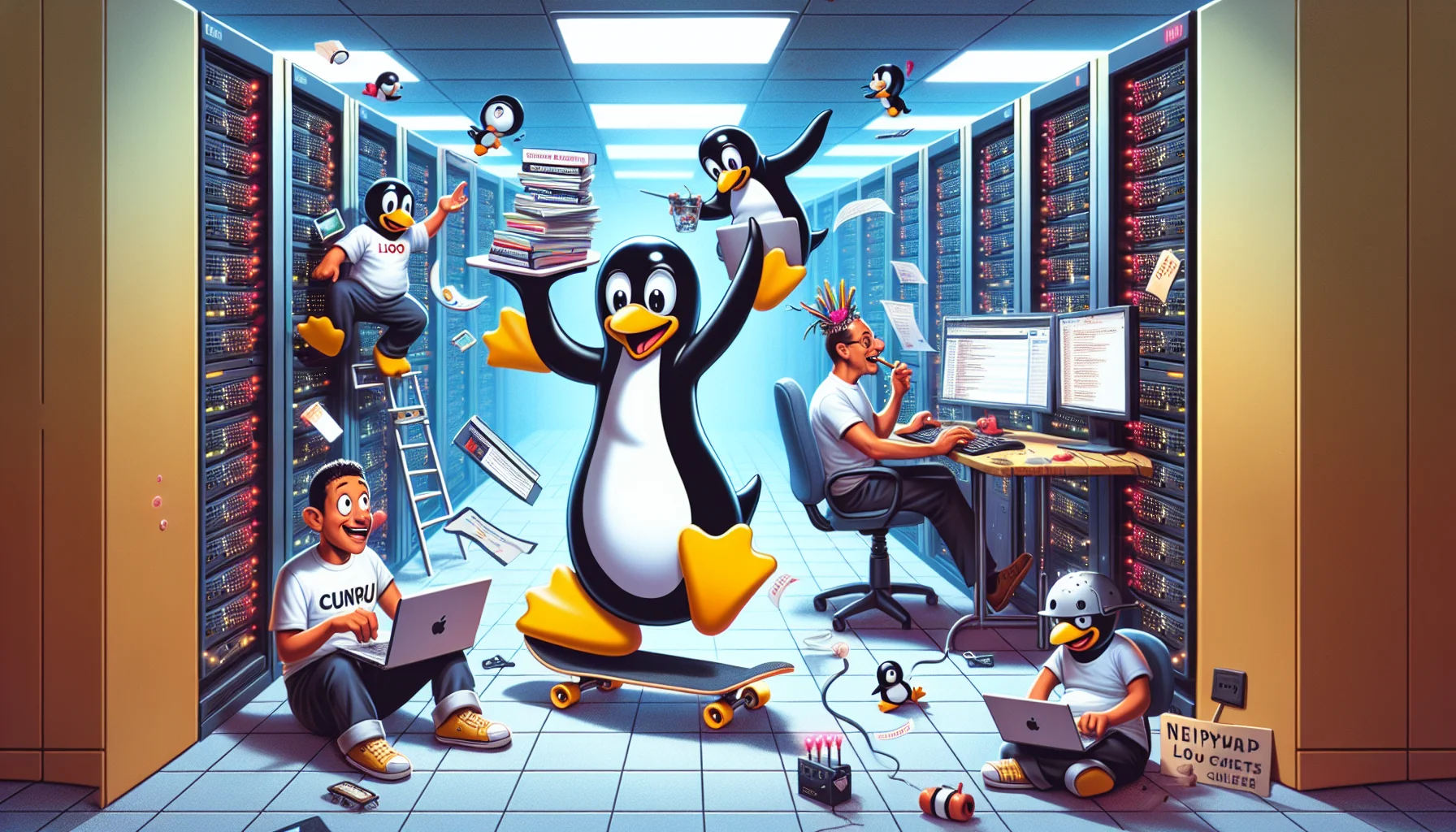 Create a high-quality, humorous depiction of a scenario pertaining to inexpensive Linux web hosting. Imagine a scene where anthropomorphized Linux penguins are working tirelessly to host multitudes of websites at a surprisingly low cost. One penguin could be shown juggling several web domains while skateboarding, another penguin is speedily typing on a keyboard making updates, and yet another penguin, with a headpiece, is talking to customers with a beaming smile. Make sure the environment looks like a high-tech server room filled with blinking lights and cables, emphasizing the tech-centric nature of their operations.