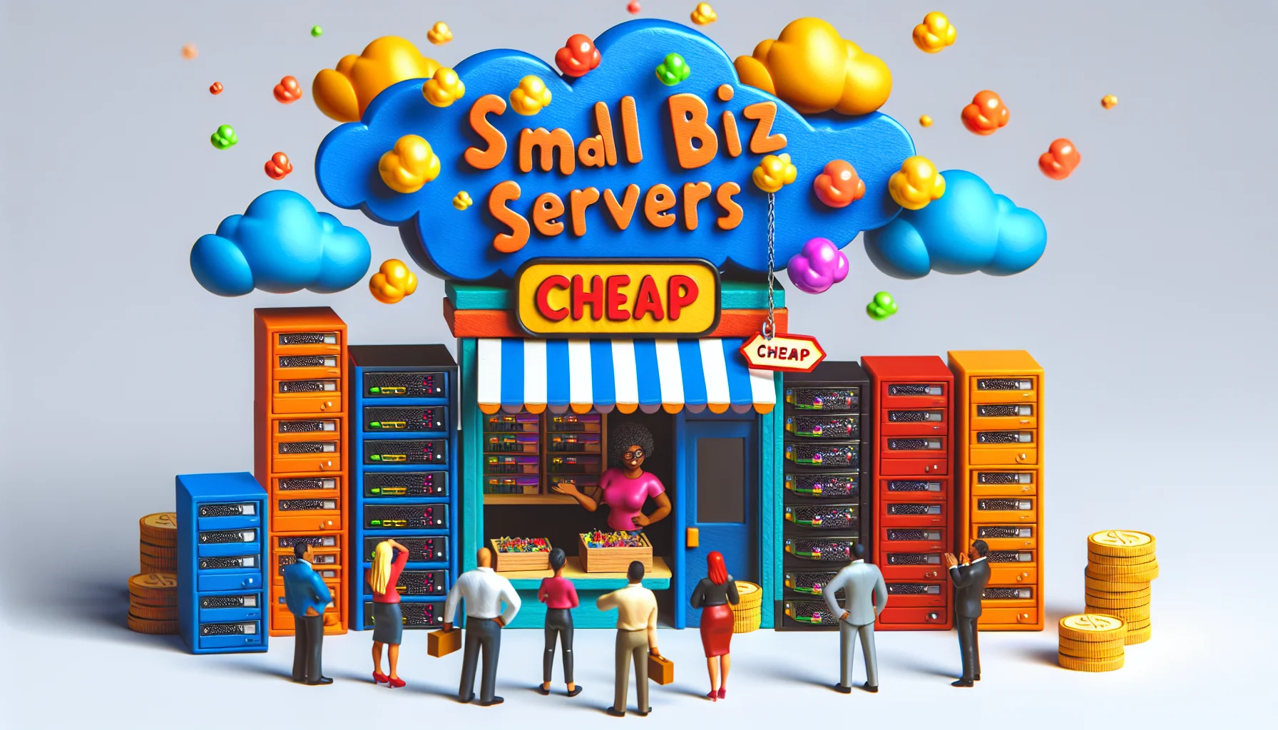 Create a humorous and enticing scene embodying the concept of affordable small business web hosting. Picture a tiny, vibrant storefront, humorously labeled as 'Small Biz Servers'. In the foreground, a Black female owner is enthusiastically presenting a bunch of colorful, miniature server racks to a group of intrigued potential customers of various descents. Floating above the scene are bubbly, cartoonish clouds representing data flowing effortlessly. On the side, a playful price tag marked 'cheap' underscores the affordability aspect.