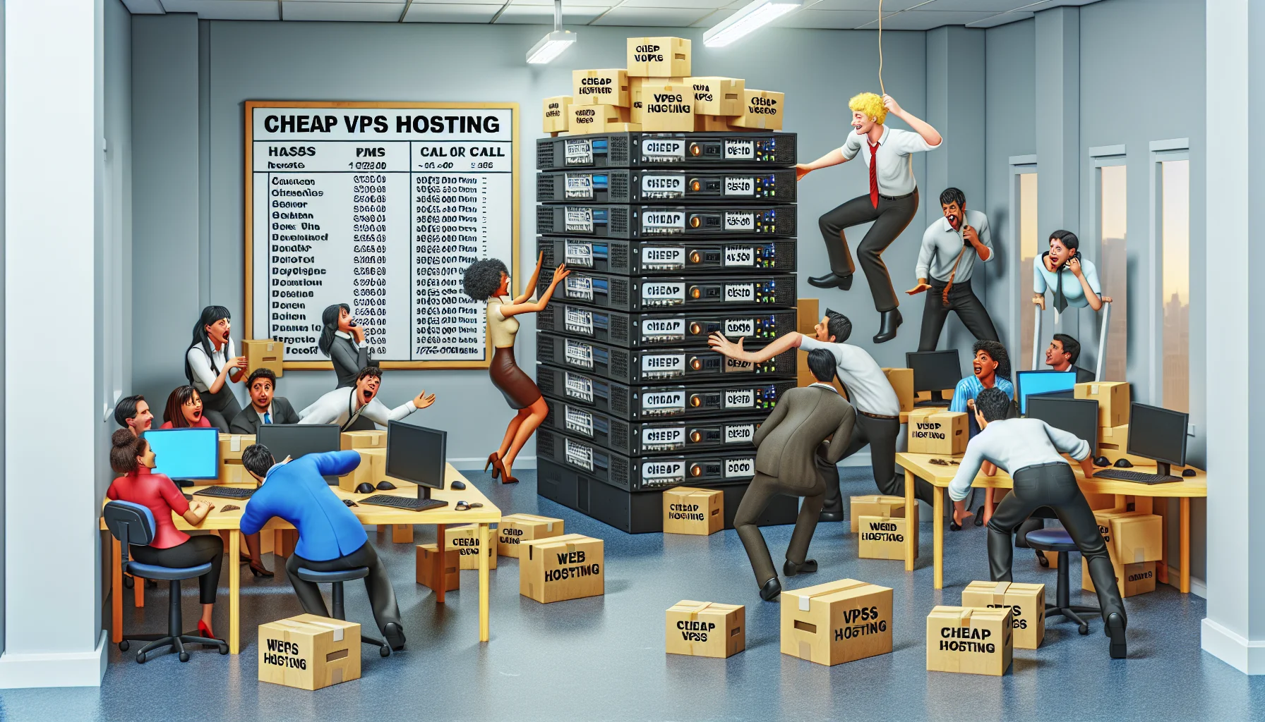 Imagine a humorous situation set in a small-sized, bustling office environment. There are various servers stacked up precariously, all labeled 'Cheap VPS Hosting'. The office is brightly lit with a white board displaying web hosting plan details. Employees of different genders and descents - Caucasian, African, Hispanic, Middle-Eastern, South Asian, and Asian - are animatedly engaging in tasks. One employee, a Hispanic female, is dexterously maintaining the balance of servers, while another, an Asian male, is hastily answering call after call, all amidst peals of laughter. The overall scene emphasizes the affordability and efficiency of the VPS Hosting.