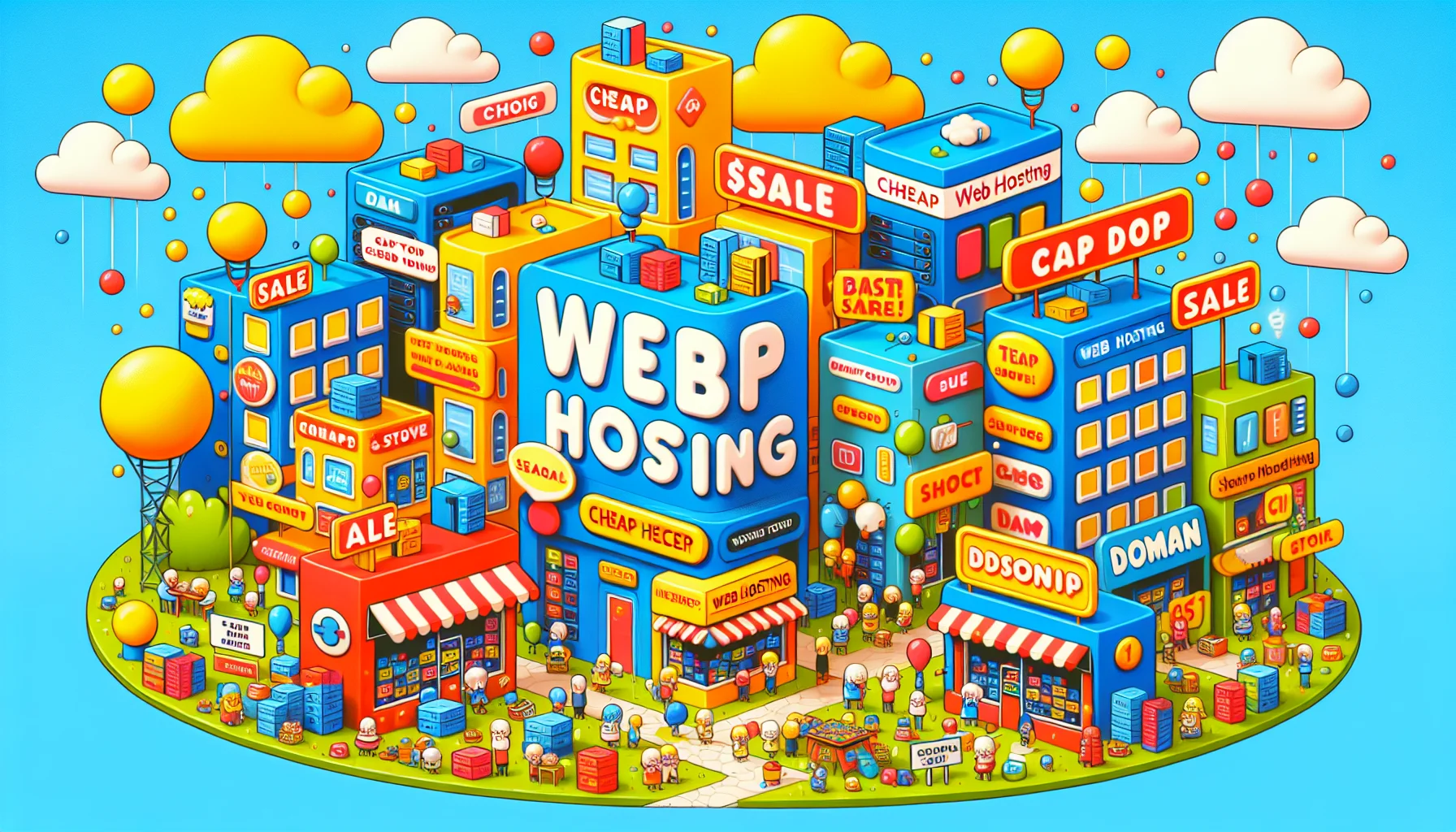 Create a playful, colorful image that portrays a humorous scenario involving cheap web hosting companies. Imagine web hosting services as tiny stores in a 'Tech Town', and they are running a lively and vibrant market. Each store is overflowing with symbols related to web technology such as servers, data clouds, and domain icons. They are having a spirited competition to offer the best deals, using humorous, oversized sale tags and comical promotional signs. This bustling scene is set against an inviting, cheerful landscape that stimulates curiosity and interest in web hosting.