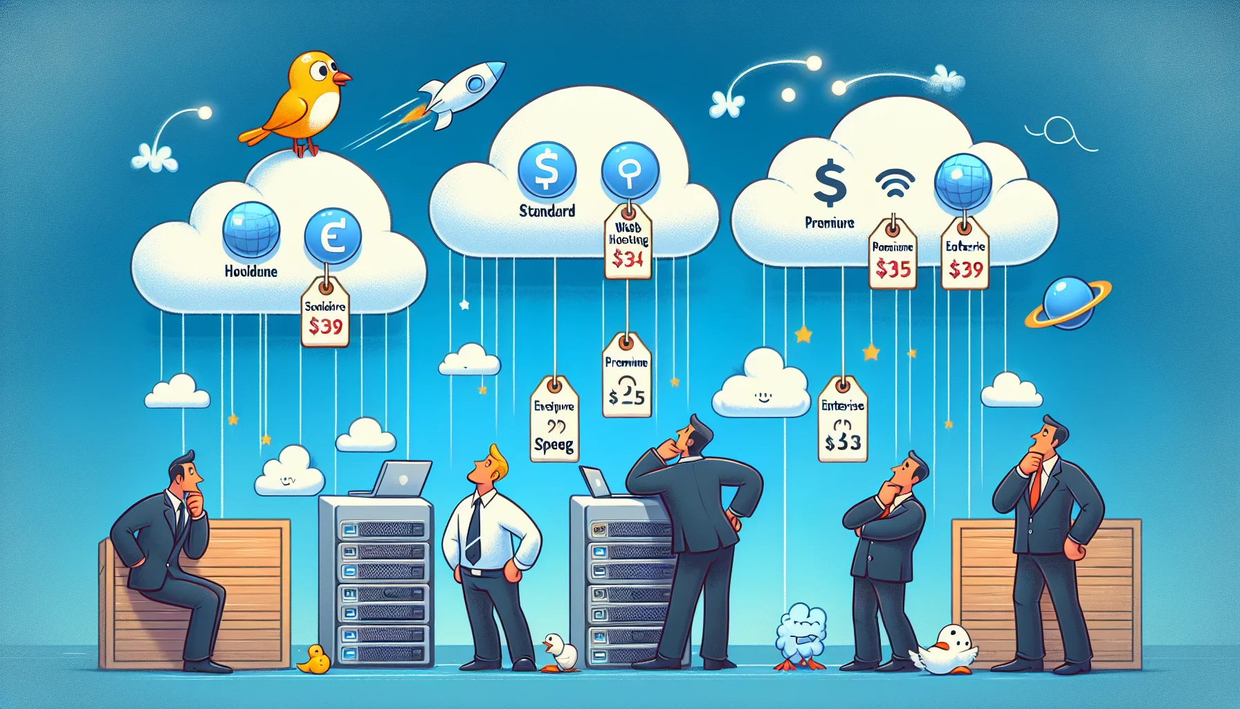 Create a humorous image that visualizes the concept of affordable web hosting services for online businesses. Imagine a scene where anthropomorphic internet browsers are dressed as businesspeople looking at price tags hanging from clouds that symbolize server space. On each cloud, depict different symbols representing standard, premium, and enterprise web hosting packages. Also include a small, light-hearted character, such as a cartoon bird tweeting or a jovial comet, signifying swift online communication or speed. The imagery should be attractive, engaging, and convey a sense of affordability and efficiency. Make sure the palette is vibrant and the general ambiance is uplifting.