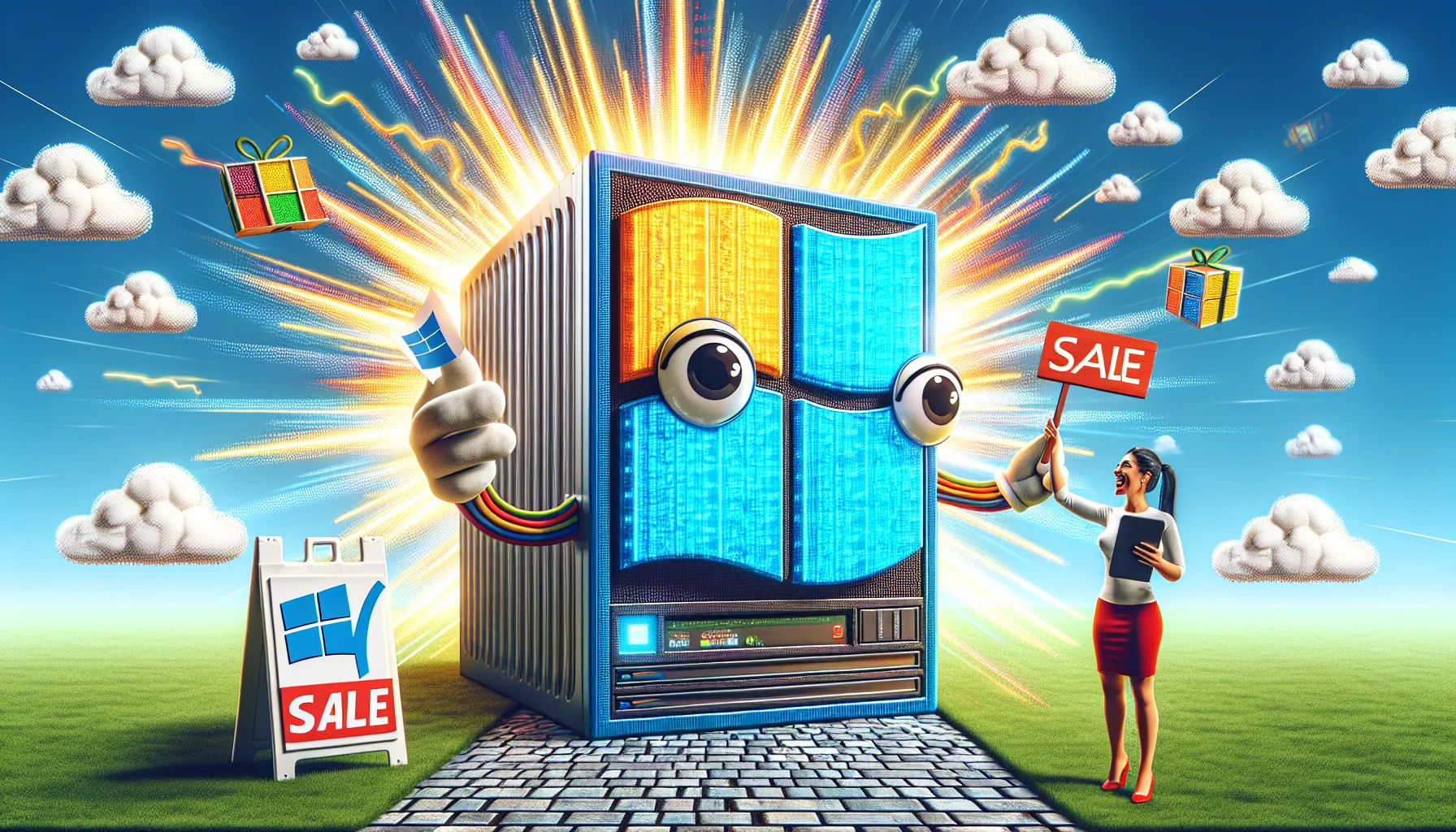 Generate an amusing and enticing image for Cheap Windows Web Hosting. The image includes a large, welcoming, cartoon-style web server, painted with a window logo, coming to life. The server, with wide friendly eyes and cord-like arms, is placing a 'Sale' placard out front on a pixelated lawn. On the side, a South Asian woman holding a tablet high-fives the web server, her face filled with delight. Bright rays of digital data stream from behind the animated server, indicating unending seamless service. The background comprises a backdrop of whimsical data clouds, enhancing the light-hearted tone of the image.