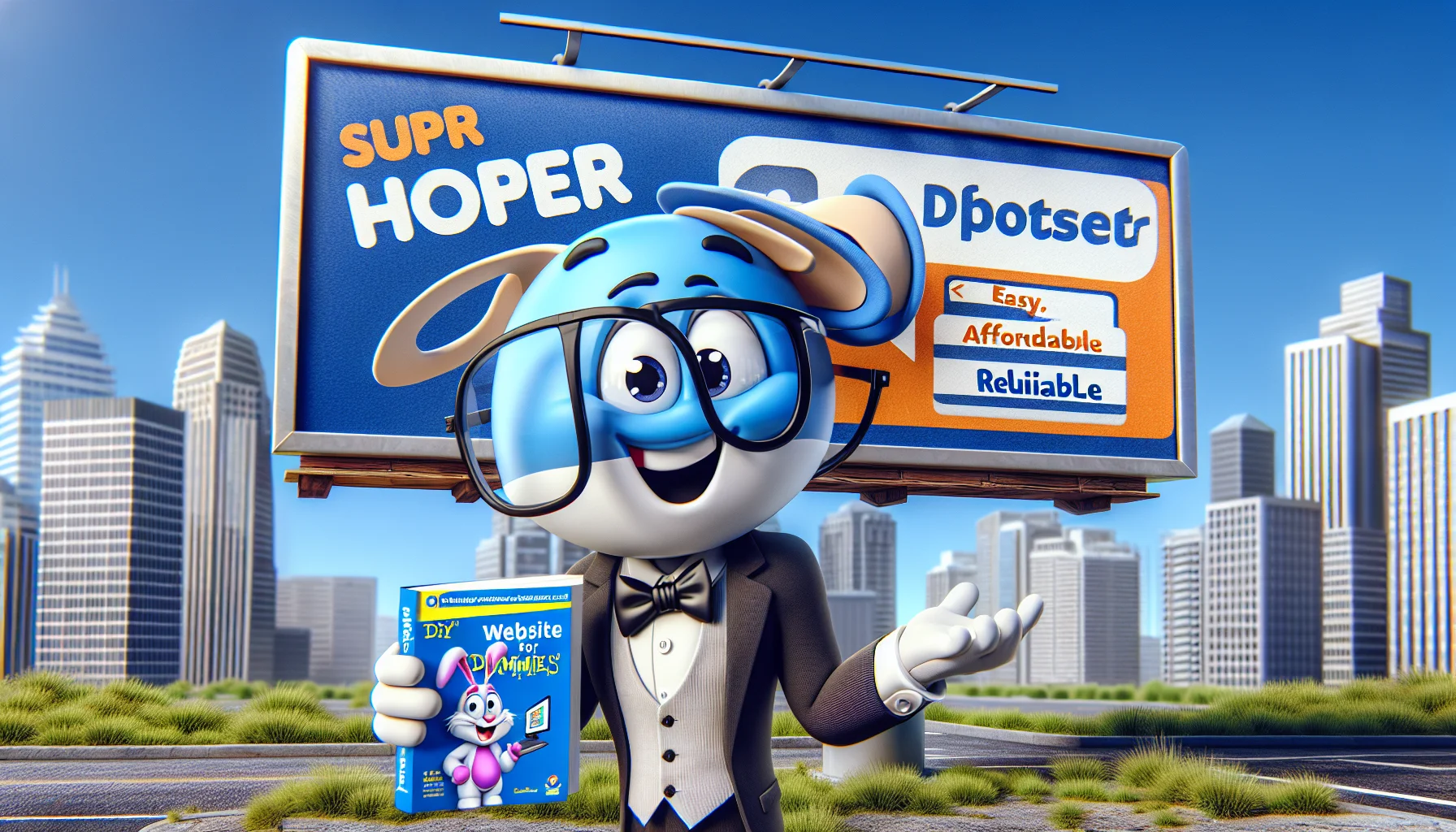 Create a humorous and vibrant digital image showing a blue and white smiling website mascot (let's call him Webby!) enthusiastically promoting web hosting services. Let Webby point to a billboard with the text 'Superhost: Easy, Affordable, Reliable' under a DIY website icon symbolising user-friendly interface. A confused novice web-designer rabbit in a surprisingly formal attire (suit and glasses) is comically nodding off with a 'Website Building for Dummies' book in paws. Make sure to capture a sense of fun and lightheartedness in the image.