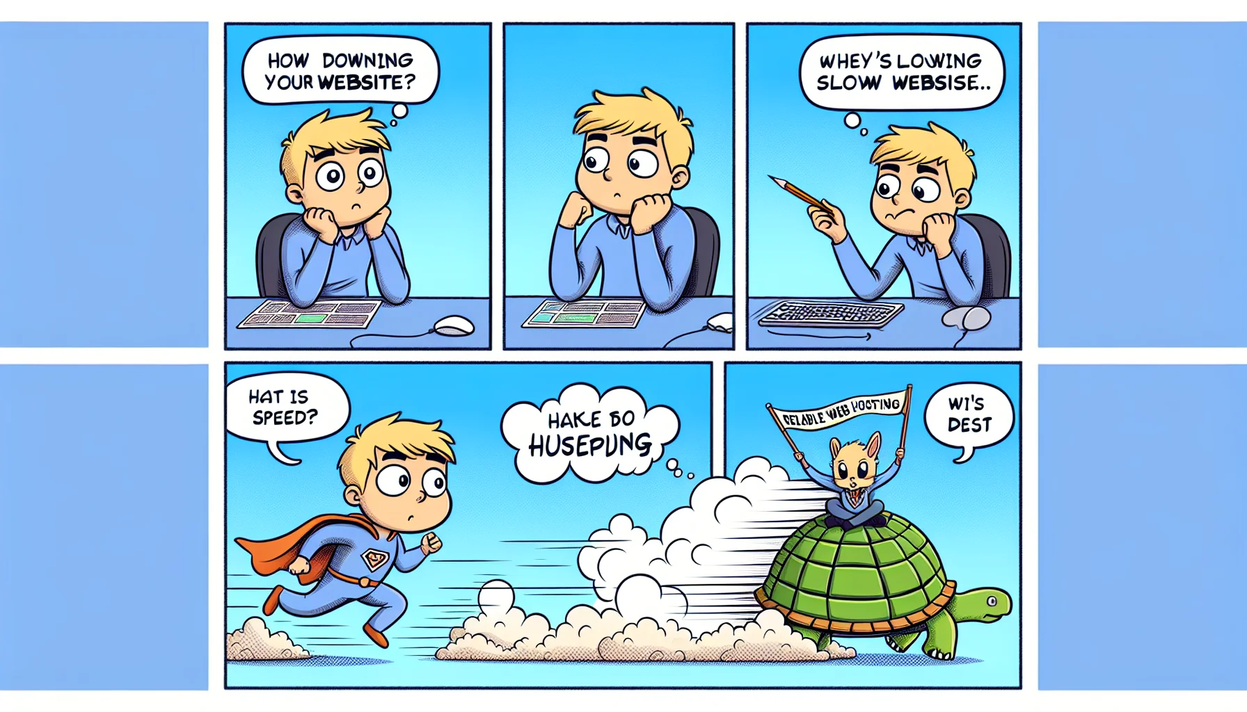 Create an image of a comic strip that humorously illustrates the concept of web hosting. The first panel shows a perplexed character pondering their slowing website, represented as a tortoise with a web pattern on its shell. In the next panel, a friend recommends a solution, drawn as a superhero labeled 'Reliable Web Hosting', flying in to save the day. In the final panel, the initial character's website, now shown as a rabbit with the same web pattern, races ahead, leaving dust clouds. This effectively represents the improvement in speed after obtaining reliable web hosting services.