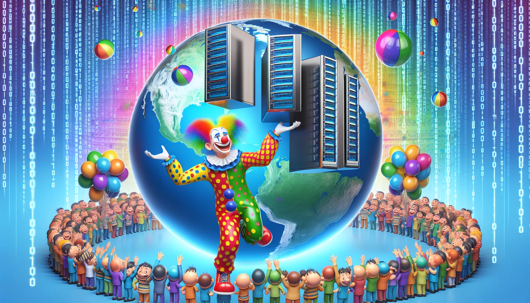 Generate a playful and humorous image that presents a hypothetical product in a web-hosting context. Imagine a bright, colorful clown playfully juggling shiny server racks while standing on a giant world-wide-web styled globe. A crowd of cartoons with gleeful faces are all pointing towards the juggler, attracted by the spectacle. Around the edges of the image, vibrant binary code flows like a river, symbolizing the seamless data transmission. Make sure that there are no specific brand references in this image.