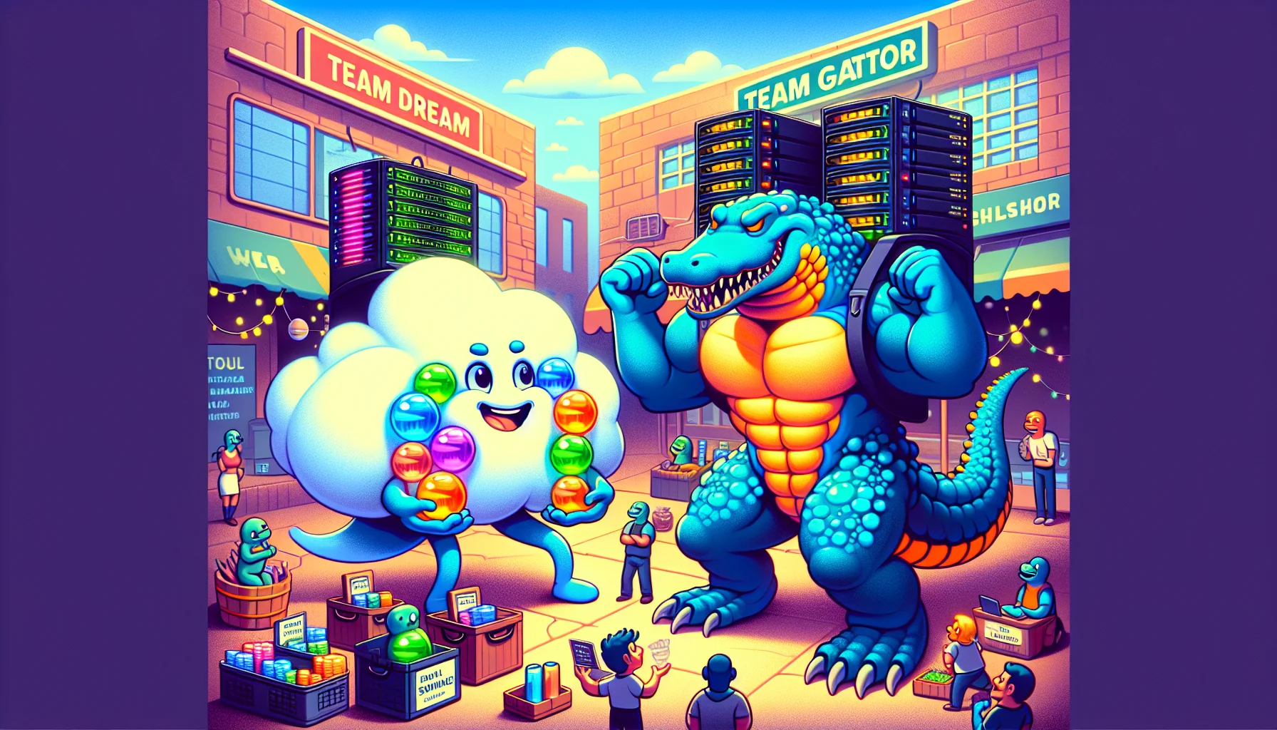 Create a lively and humorous scene depicting the competition for web hosting between two imaginative creatures, one representing 'Team Dream', and the other for 'Team Gator'. 'Team Dream' creature, a fluffy cloud-like entity, is equipped with a toolkit full of colorful glass orbs representing reliable server connections; it has a radiant smile, trying to attract more clients. 'Team Gator' is a powerful swamp creature, an alligator with a futuristic backpack that emits codes and signals; it tries to show its strength by flexing its massive arms. They are at a busy marketplace filled with small businesses looking for hosting service; their antics cause laughter, showcasing the friendly competition between the two.