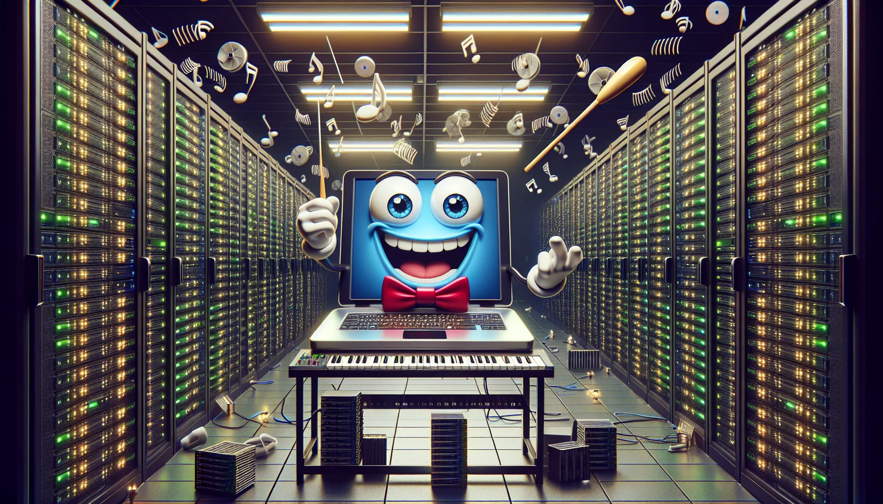 Generate a comical image showcasing a generic web hosting platform. The scene is staged inside a large, bustling server room filled with racks upon racks of blinking machines. In the middle of the clutter, an anthropomorphic cartoon laptop, with a big grin plastered across its screen, energetically orchestrates the activities. It's waving a conductor's baton, directing the symphony of glowing indicator lights and whirring fans that hum in a harmonious orchestra - a playful take on the 'behind-the-scenes' of web hosting.