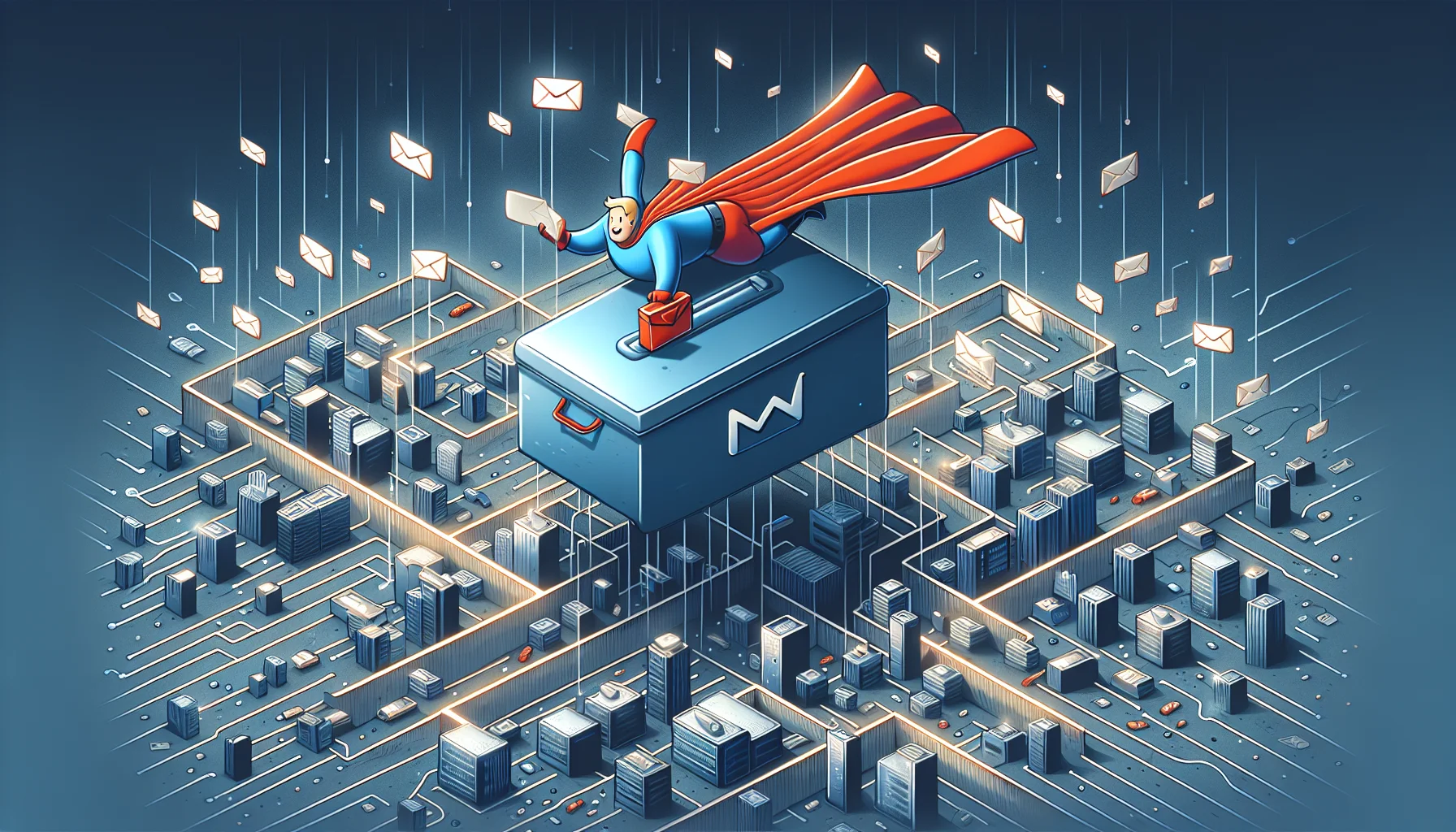 Create a whimsical scene depicting the concept of email backup from a web hosting company, symbolized by a super-hero character in a cape with the emblem of a mail envelope on their chest. In the scenario, this character is seen flying over a city that is depicted as a complex network of computers, representing servers. The superhero is swooping in, carrying a large safety deposit box, a metaphor for secure backup, full of emails to distribute across the city network. The image should express the safety and reliability of the service in a fun, engaging way.
