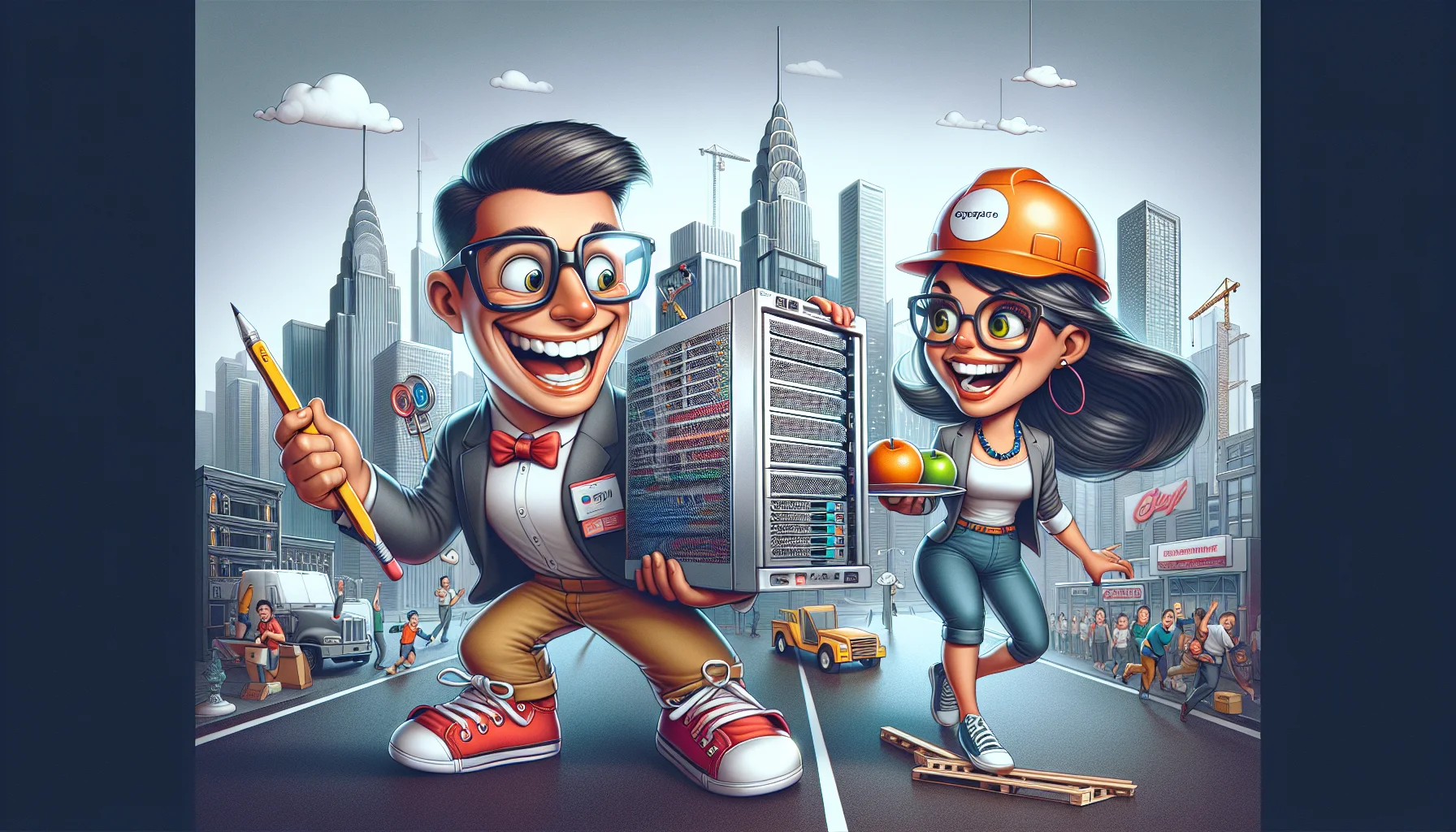 Create a whimsical and realistic illustration where two anthropomorphized mascots, one representing Figma and one Squarespace, are engaged in a friendly competition. The Figma mascot, a jovial Caucasian man with glasses and a designer's toolkit, holds up a beautifully detailed web design mockup. The Squarespace mascot, an energetic Hispanic woman with a business suit and a construction helmet, presents a shining silver server. Their playful banter about web hosting alongside a bustling city backdrop – signifying the digital world – should convey a sense of fun and excitement about the process.