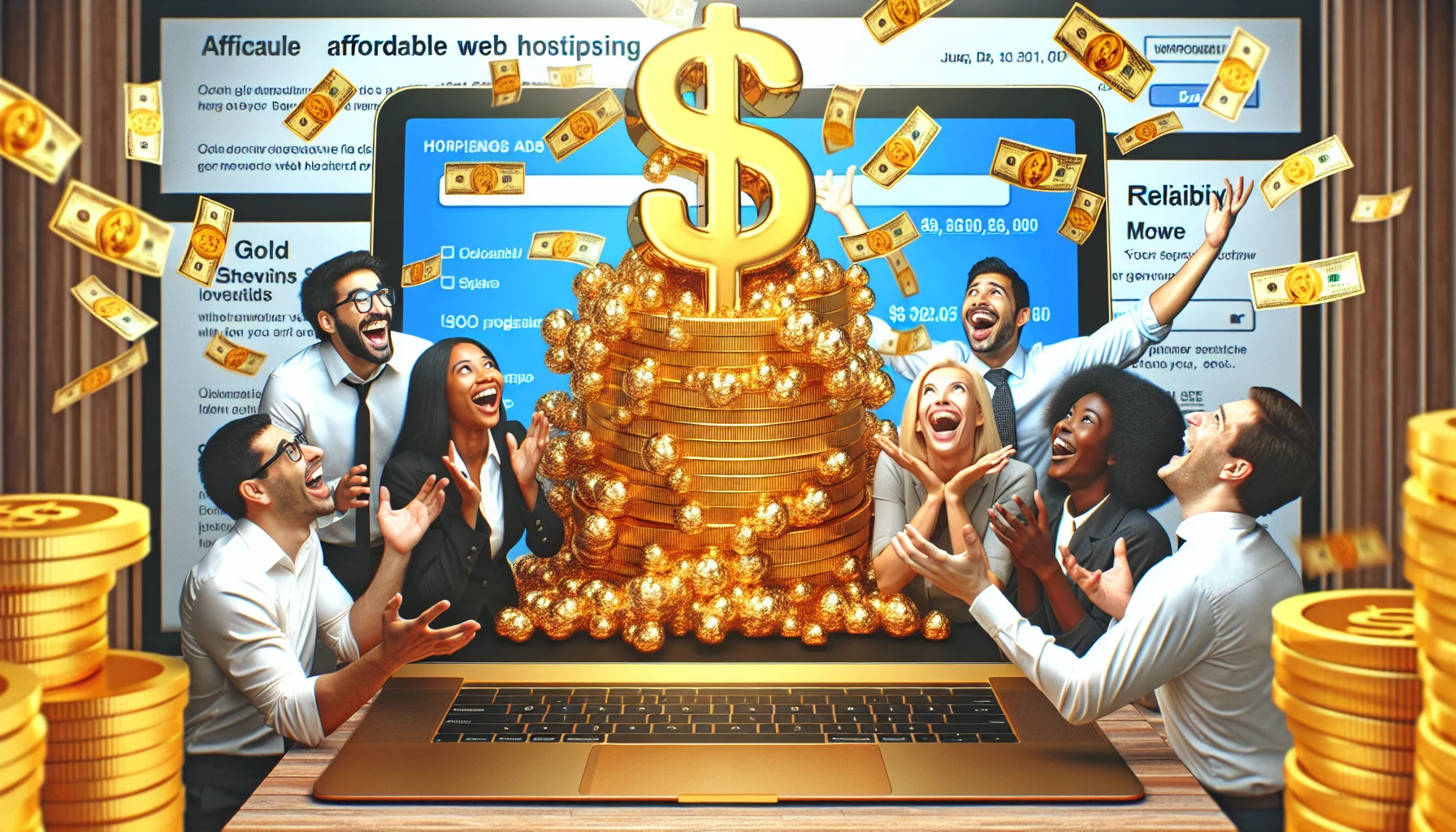 Generate a whimsical image illustrating an interesting scenario involving a web hosting company. Picture a joyous meeting where a team of diverse professionals including a Caucasian female digital marketer, a Middle Eastern male programmer, a Black female SEO specialist, and a South Asian male web designer are all gathered around a colossal, golden laptop. They are visibly excited as they notice huge dollar signs popping out of the laptop screen, symbolizing affordable web hosting. Background ads emphasize the company's affordability, high-quality service, and reliability in a humorous, playful manner.