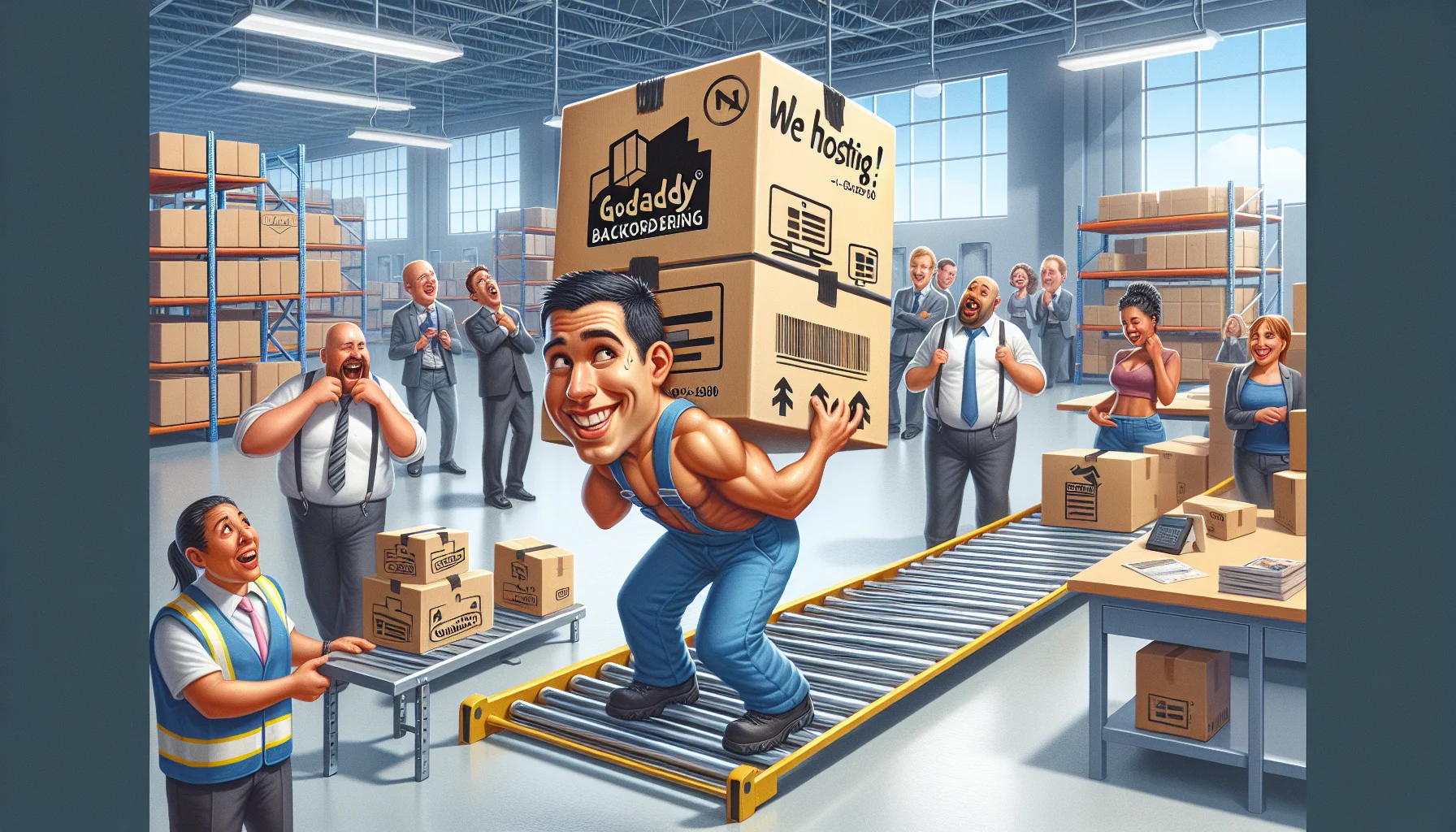Create a humorous, realistic image of an office setting where web hosting services are depicted as physical objects on a warehouse shelf. Include a conveyor belt carrying a box labeled 'GoDaddy Backordering', which is about to be installed on a shelf. The box appears surprisingly heavy, making the worker, a Hispanic man in his 30s, sweat. Around the room, other workers of various descents and genders are chuckling at the sight, some playfully pretending to back away from the 'heavy' box. The scene conveys lighthearted fun and excitement around the concept of web hosting.