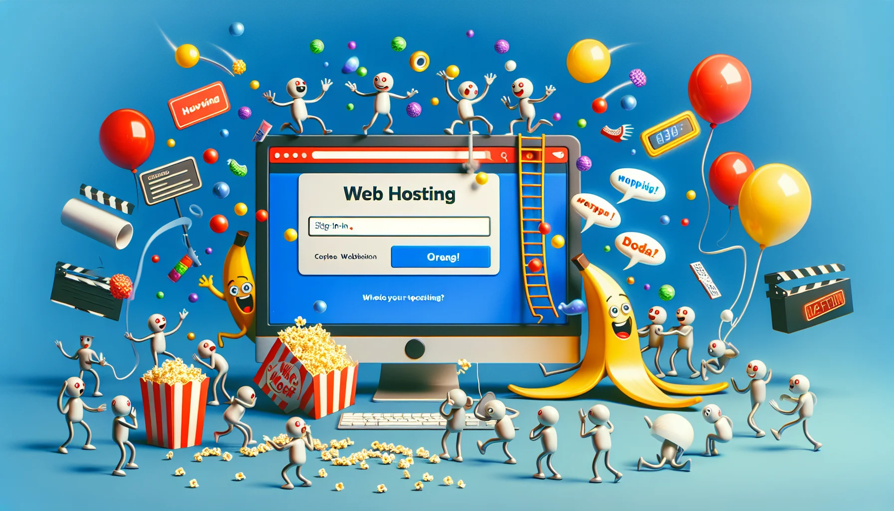 Create a comical and tempting scene revolving around web hosting. In the image, a computer screen displays the sign-in page for a popular web hosting company. Around the computer, various website elements like menus, widgets, and buttons are coming to life, stepping out of the screen, and contributing to the humorous atmosphere. One of these elements can be seen slipping on a banana peel, while another is juggling colorful dots, representing data. Some website elements are observing the happenings and laughing, with some even holding popcorn boxes. This reflects the exciting and dynamic nature of web hosting.