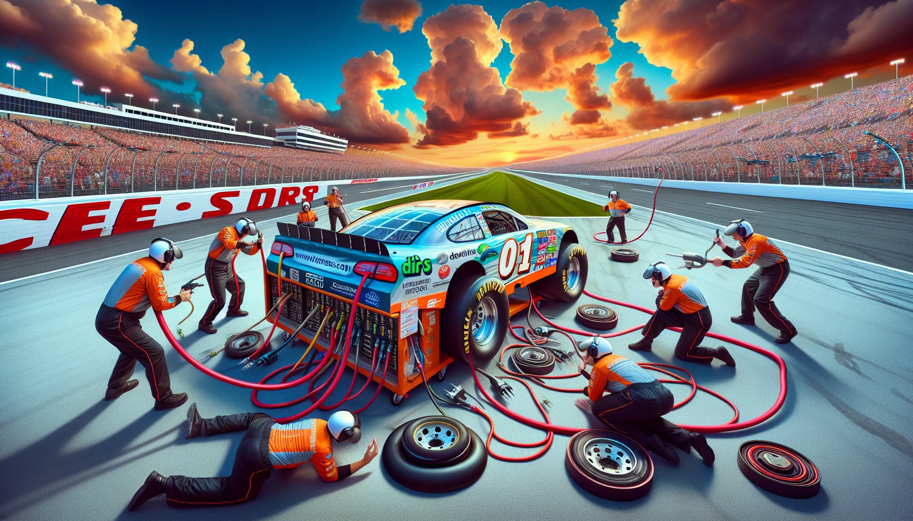 Create an image of a comical scene at a NASCAR event, portraying hilarious mishaps related to web hosting. In the center of the track is a racing car with a paint job that humorously represents the different aspects of web hosting, like servers and databases. The pit crew beside the track are playfully struggling with network cables as if they were air hoses for tyres, while another crew member is looking confusedly at a giant plug. Spectators in the stands are laughing and pointing, their gestures highlighting the comic absurdity of the situation. The sky above is breathtakingly vibrant, massed with fluffy clouds tinged with the colours of sunset.