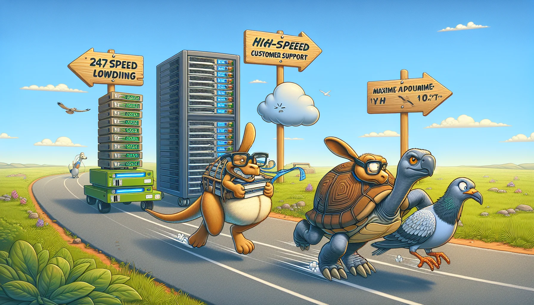 Create a highly-detailed, comical and attractive image representing alternatives to a popular web hosting service, symbolized as different animals in a race. Depict a snappy turtle with glasses carrying a stack of server racks racing ahead of a sleepy-looking kangaroo with a pouch full of HTML tags and a laid-back pigeon carrying a cloud. They are all on a journey along a road that symbolizes the journey from an idea to a successful website. In the background are signs pointing out features such as '24/7 customer support', 'High-speed loading', and 'Maximum Uptime'.