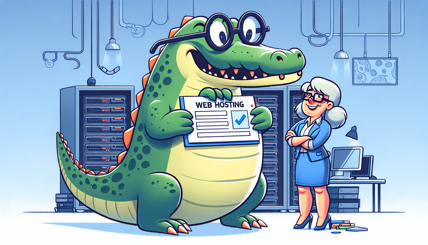 Create an image with a humorous scenario involving two characters representing web hosting. One character is a large, cartoonish alligator to represent HostGator. Make sure the alligator is showing a report card with high grades, signifying a good review. The other character is a middle-aged Caucasian woman, smiling while she attentively looks at the report card. The alligator is standing on two legs, wearing glasses as if it's an intellectual. The scene is set in a tech-filled room with servers, computers, and cables around, signifying a typical web hosting environment.