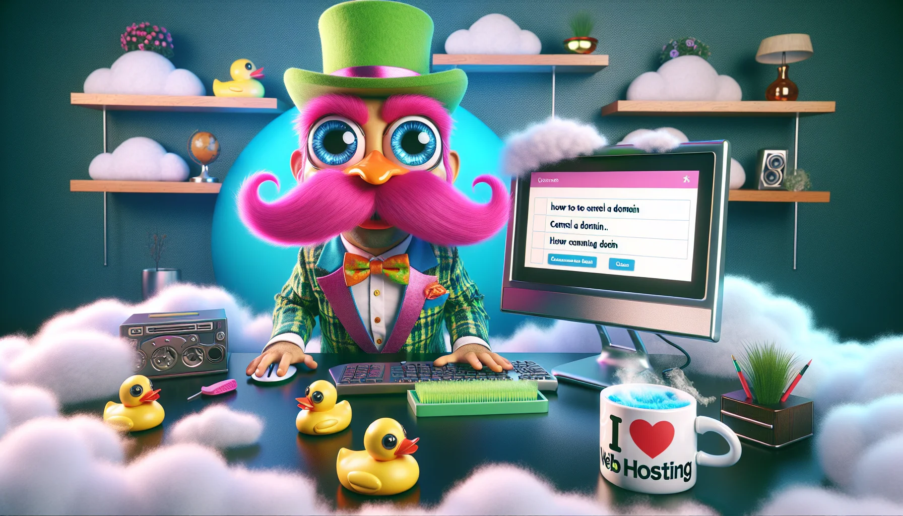 Create an amusing scene where a flamboyantly dressed cartoon character, with a bright pink handlebar mustache, gleaming eyes, and a green top hat, is sitting in a cloud-themed room. He is behind a futuristic computer showcasing how to cancel a domain on a placeholder website. The room is littered with humorous elements like duck-shaped floating desk ornaments, a steaming mug with 'I love Web Hosting' written on it, and quirky little cloud-shaped cushions scattered around. The atmosphere should feel comfortable and enticing for the field of web hosting.