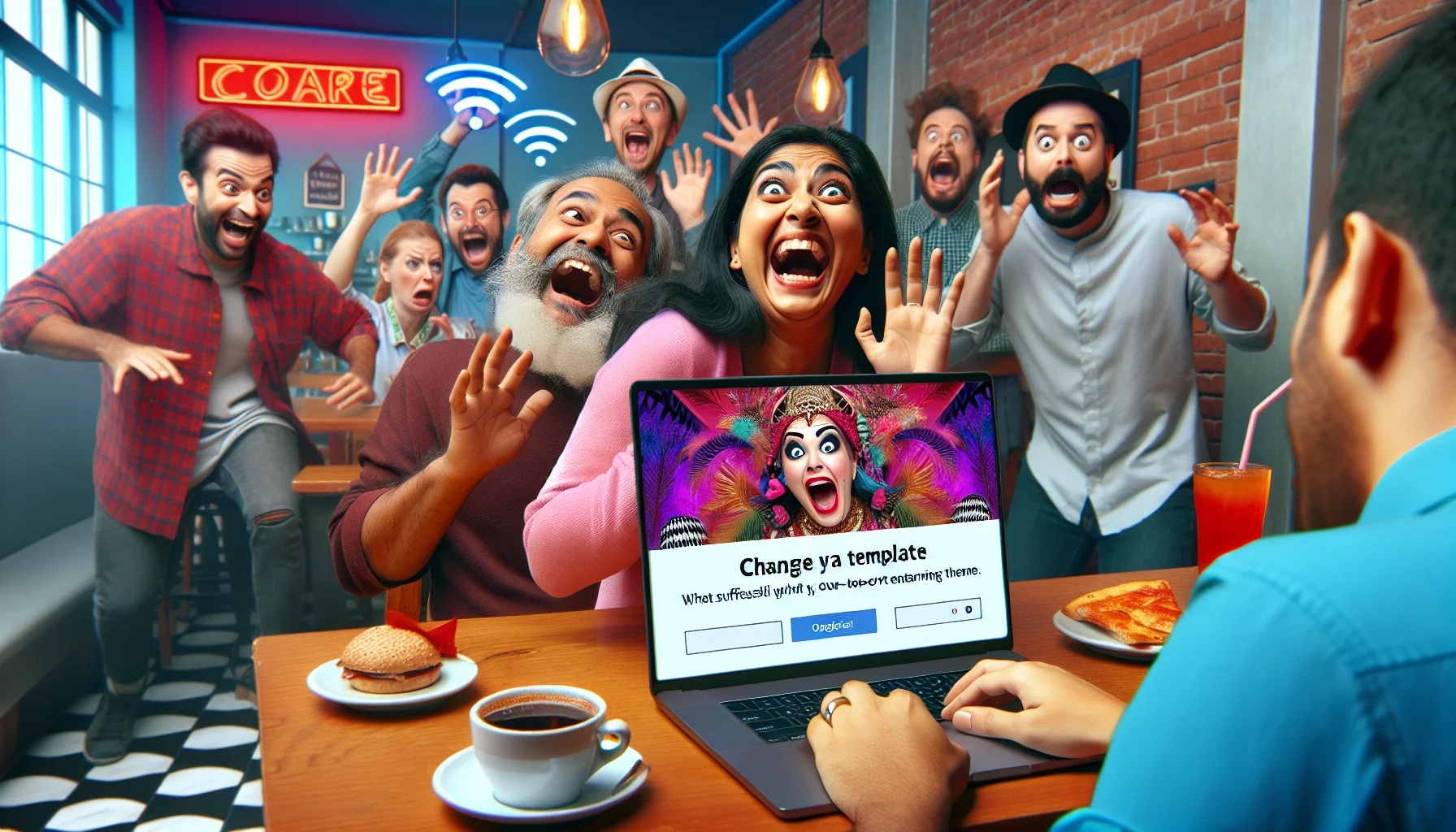 Create a humorous scenario representing the process of changing a template on a web hosting platform like Squarespace. The scene is set in a vibrant downtown cafe. A South Asian woman laughing hysterically peeks out from behind her laptop screen. She just successfully changed the template of her website and it’s now displaying the silliest, over-the-top entertaining theme. Panicked and surprised customers look on bewildered by the visual feast unfolding on the woman's computer screen. The cafe's Wi-Fi signal is seen prominently, symbolizing the internet hosting aspect.