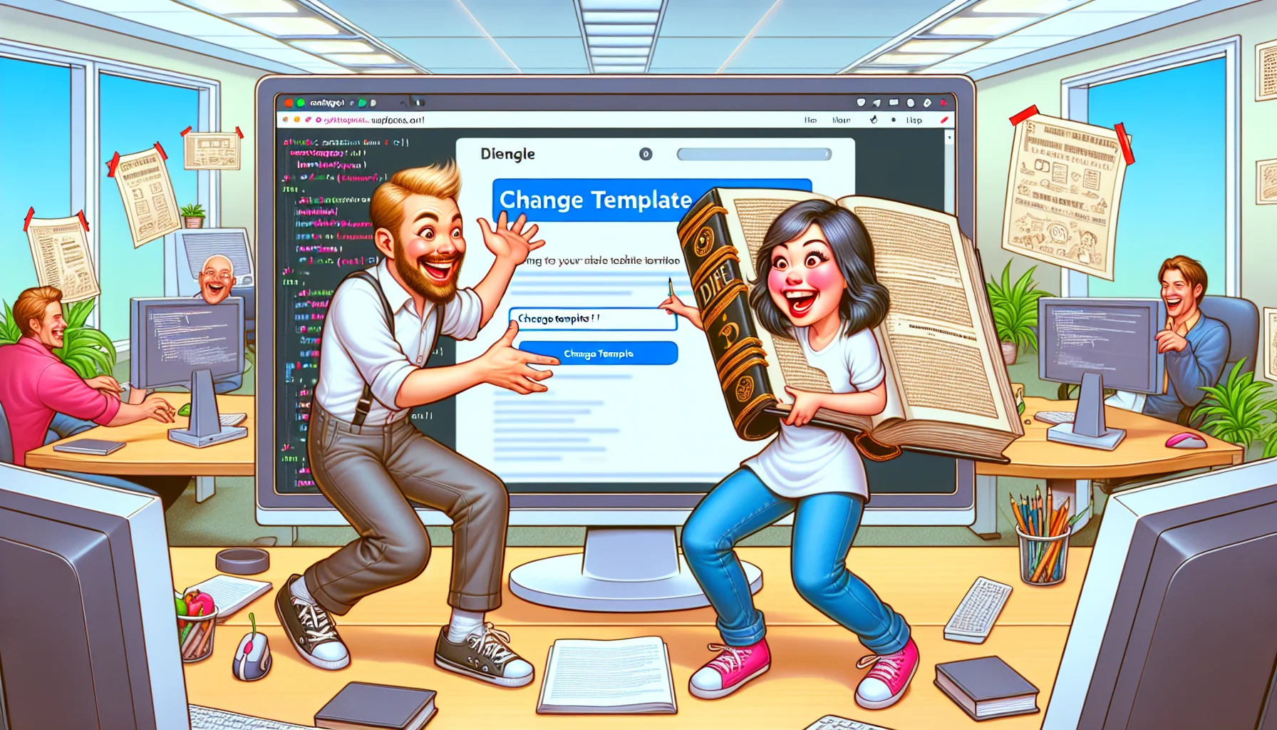 Create a whimsical and amusing image depicting a scenario where a cheerful Asian woman and a jovial Caucasian man, both web developers, are working together on a website template change on a fictitious web hosting platform similar to Squarespace. The two are in a bright, modern office filled with monitors and coding books. One is clicking an oversized 'change template' button on a screen while the other is holding a huge illustrated book titled 'website template guide', both laughing and pointing at the screen.