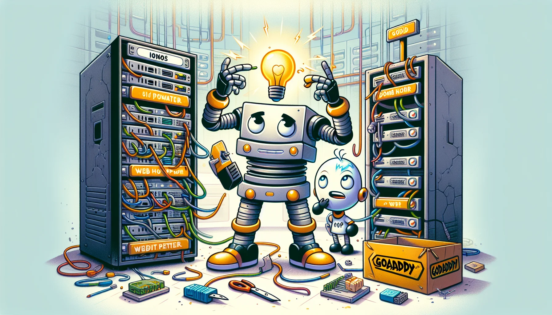 Create a comical, illustrative scenario featuring two anthropomorphized server racks. One is labeled 'Ionos' - a well-built robotic character with a confident expression holding a glowing orb symbolizing 'web power'. The other is labeled 'GoDaddy' - a quirky-looking machine, struggling with a tangled web of connections. Add some symbolic elements related to web hosting like domain names or HTTP requests depicted as physical tools around them. The background should feature an array of complex server infrastructure to hint at the challenging world of web hosting.
