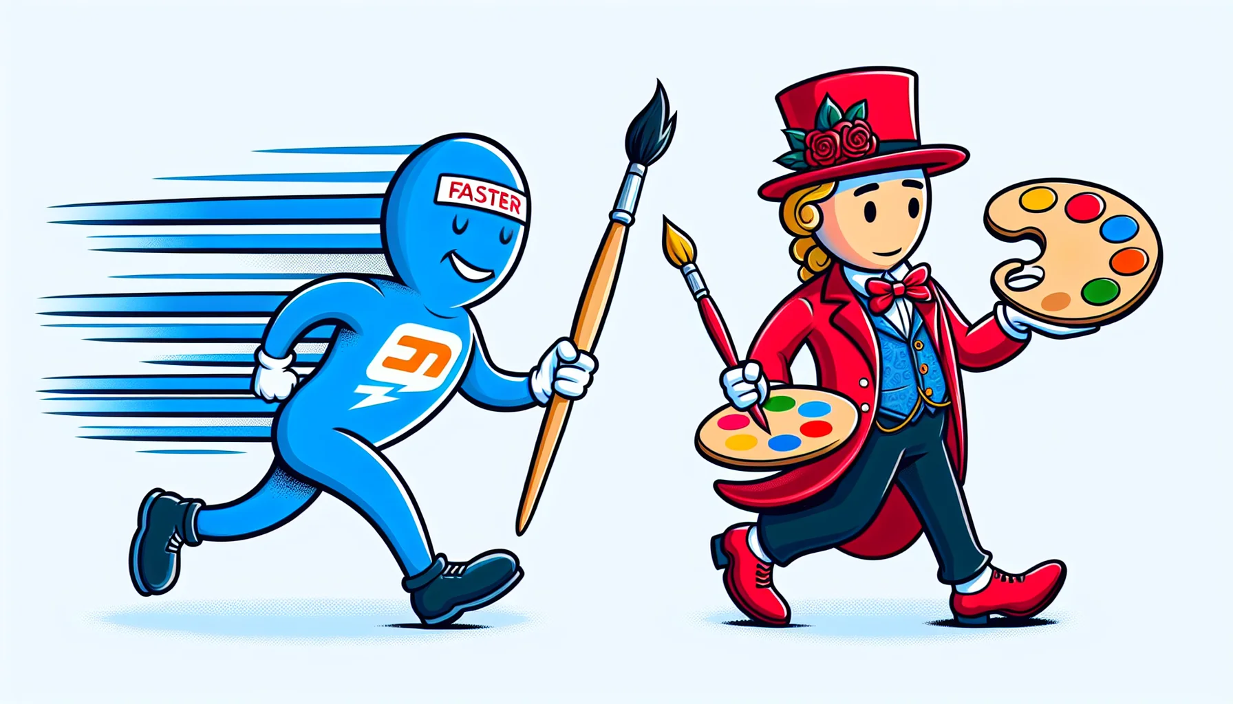 Create a whimsical and humorous image that represents the concept of web hosting. Picture two non-descript, playful characters symbolizing different web hosting platforms. One character could be dressed in an outfit colored blue: faster, a running symbol, signifying speed and performance. The other character is donning a fashionable rosette red attire, holds a painter's brush and palette, suggesting creativity and flexibility. This amusing scene might inspire a spirit of friendly competition and charm among the two characters, underlining the allure of web hosting.