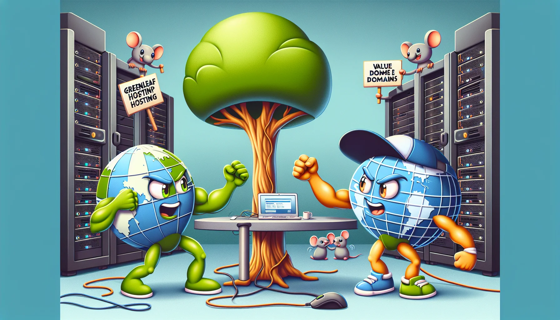 Create a humorous and captivating image that depicts a scenario of web hosting. In this scene, imagine two cartoon characters emblematic of hosting companies in a friendly competition. One character, representing 'GreenLeaf Hosting', is shaped like a friendly, resilient tree with a computer monitor embedded in its trunk. The other character, called 'ValueDome Domains', takes the form of a cap-wearing dome imbued with a globe map design. They are arm wrestling on a server-looking table with network cables, while computer mice cheer them on from the sides. The background should incite the viewer about the excitement of web hosting.