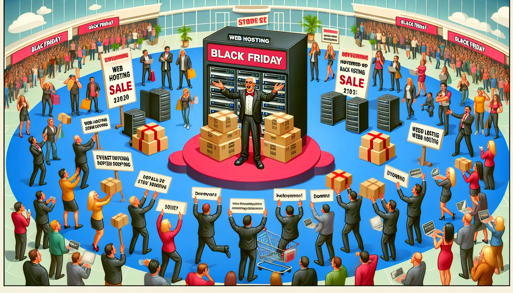 Envision a humorous scenario portraying a grand event for a web hosting sale taking place during Black Friday of 2020. Incorporate elements such as enthusiastic customers, over-the-top promotional advertising and chaotic shopping scenes indicative of the frenzy usually associated with Black Friday sales. Ensure to reflect a positive atmosphere representing the aspect of enticing deals available on this day, while subtly infusing elements of the digital industry such as computer servers, domains, HTML coding etc. to represent the web hosting theme.