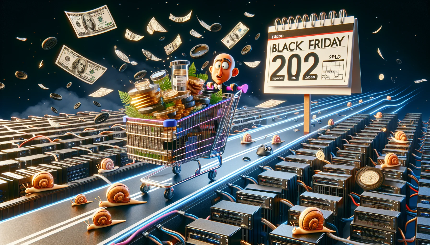 Create a humorous, realistic scenario representing enticing web hosting promotions during Black Friday 2020, without any specific company name. Imagine a shopping cart zooming through a maze of servers and computer cables, collecting glowing digital dollar savings, and evading obstacles like slow website snails. At the finishing line, there is a victorious banner reading 'unbelievable web hosting deals', with a 2020 calendar in the background highlighting Black Friday.