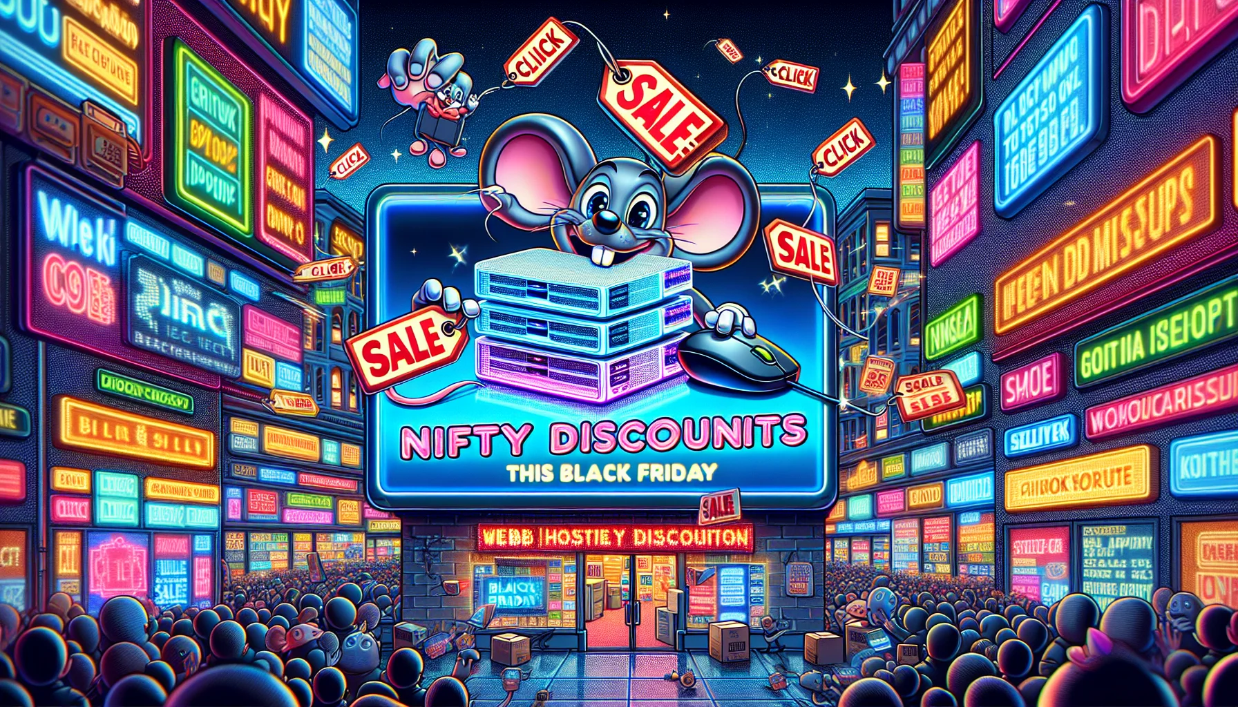 Create an amusing and enticing image depicting a Black Friday discount scenario for web hosting. Picture a bustling digital marketplace, filled with vibrant colors and shining neon signs, centered around a giant digital billboard. A catchy slogan lights up on the billboard, reading 'Nifty Discounts this Black Friday', underneath which there is a caricatured computer mouse wearing a sale tag. The mouse is laughing while throwing virtual web servers over its head, each tagged with huge discounts. Comic-style onomatopoeic words are scattered throughout the scene like 'CLICK', 'BARGAIN', and 'SALE'. The focus of this image is anticipation, delight, and surprise.
