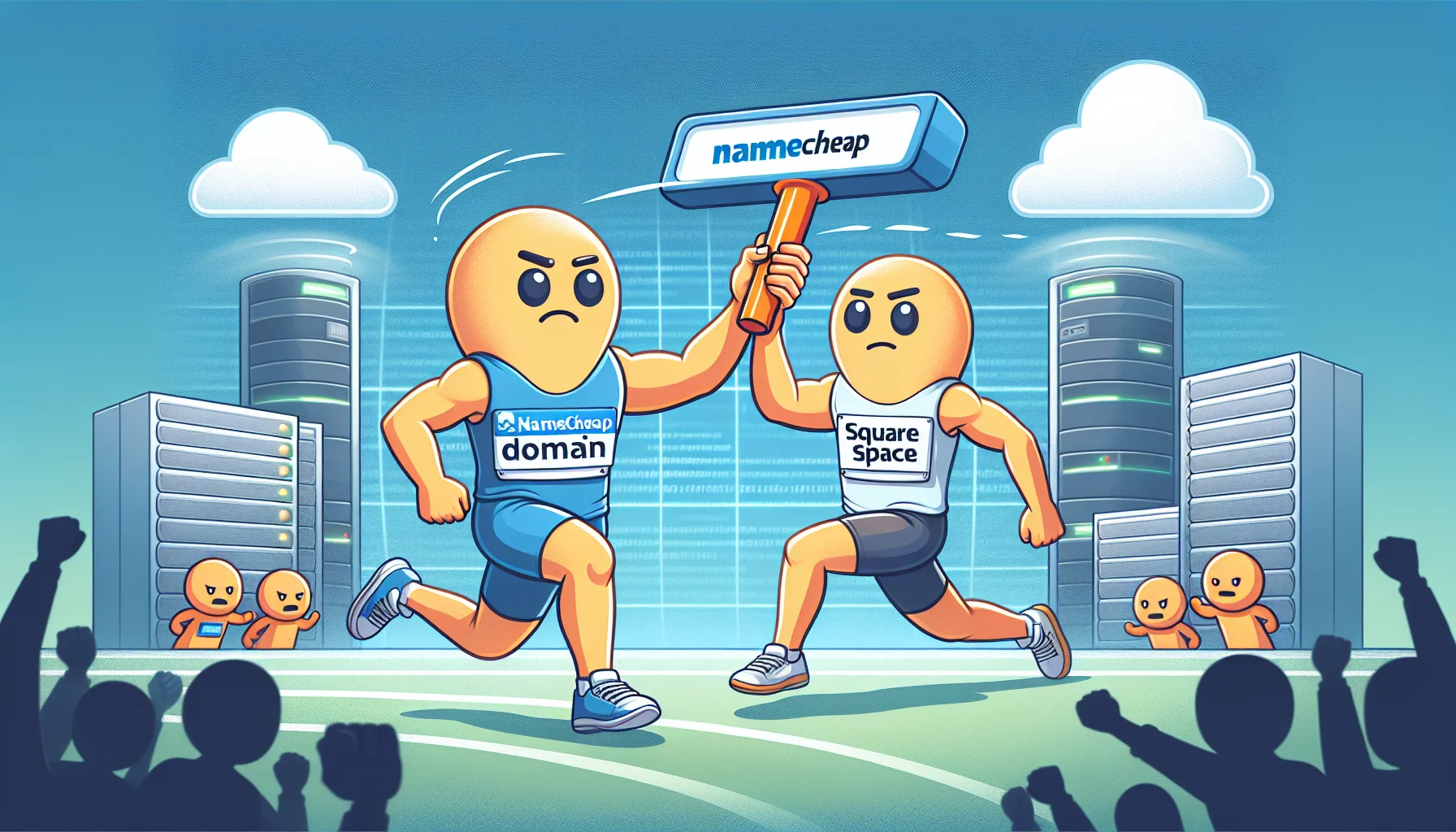 Create a comedic and enticing image for web hosting. It features two cartoon characters, personified as domains. The character depicting Namecheap domain, a male character of Middle-Eastern descent, is passing a symbolic baton to the Squarespace domain, represented by a female character of Hispanic descent. They are running in a relay race, highlighting the transition. The setting has a digital backdrop, symbols of web hosting floating around (server towers, cloud symbols), and an audience of small icon spectators cheering. The interaction between the two characters indicates a friendly competition.
