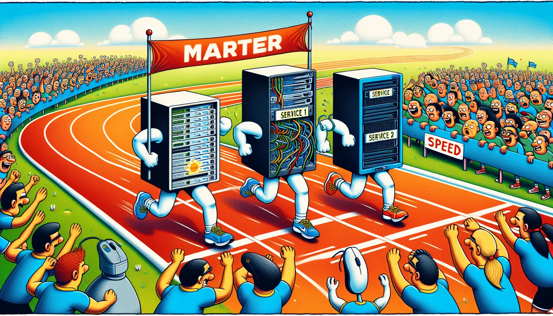 Generate a humorous and engaging image demonstrating the competition between two web hosting services. Show an illustrated race, with runners composed of web server elements representing 'Service 1' and 'Service 2'. In this marathon, the servers are not ordinary runners, but have legs and are racing towards the finish line. They each have a flag, one labeled 'Service 1' and the other labeled 'Service 2'. A crowd of computer mice, keyboards, and screens watches in amusement, cheering them on. Some mice are chuckling, some screens are displaying witty phrases about web hosting speed and reliability. The whole scene is wrapped in a colorful, playful aura.