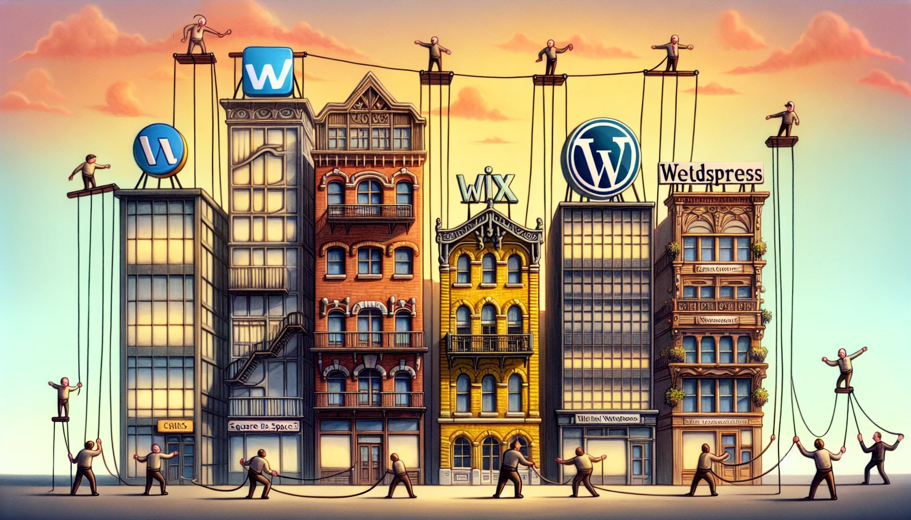 Envision an amusing scenario where different web hosting alternatives to Squarespace are represented as metaphorical buildings in a cityscape. Each building has its own unique and comical design reflecting its characteristic features. A yellow-brick 'Wix' skyscraper with intricate balconies, an 'WordPress' Art Nouveau building with ornate ironwork. Adding to the humour, show website designers as cartoon characters, performing entertaining antics such as tightrope walking from one building to another, or using pulleys to lift website elements up to the buildings. The sky is painted with warm hues of a sunset, reinforcing the idea of web hosting being an interesting, continuous journey.