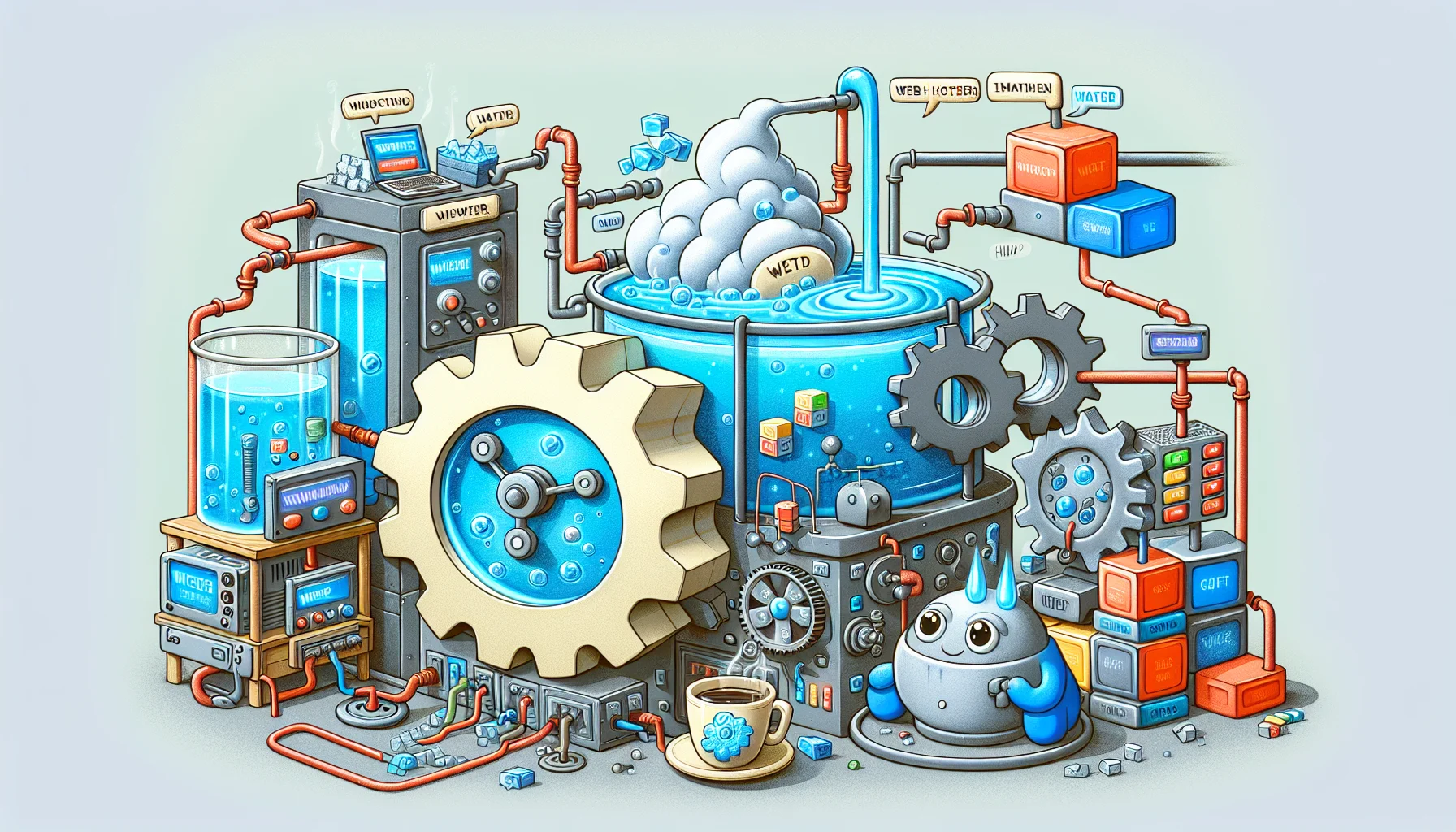 Create an amusing scenario where a literally interpreted 'fluid engine' is being used to power a website in a physical representation of web hosting. The fluid engine is composed of gears and components made of water, steam, and ice. Imagine various types of data represented as different shapes and colors of blocks, flowing through the pipework of the engine. Also depict the 'web host', a friendly looking anthropomorphic computer sitting beside the engine with a cup of coffee, overseeing the operations. All elements should be portrayed in a playful, cartoonish style to emphasize the humor.