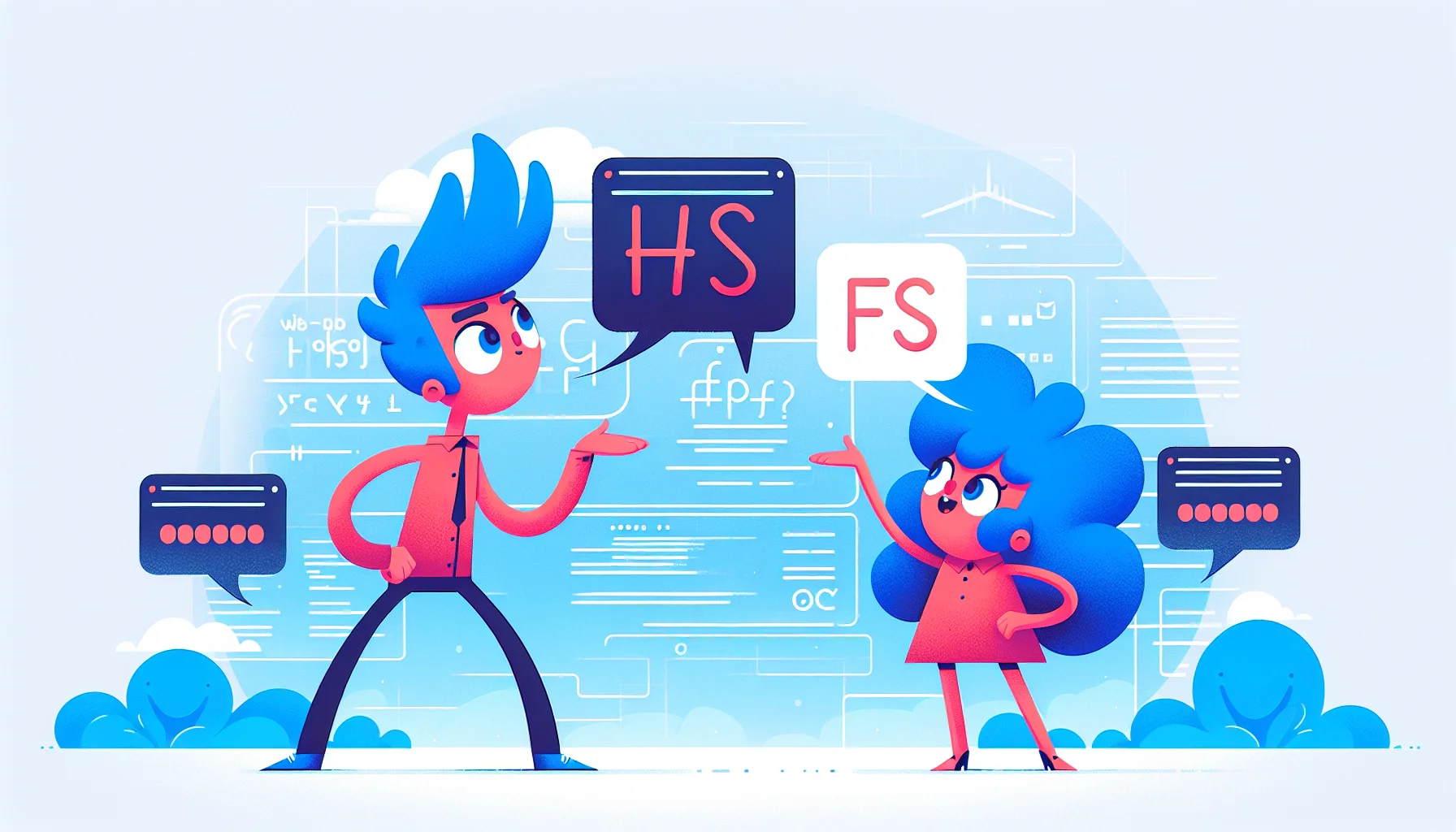 Create a visually engaging and humorous scene using SquareSpace font pairings to promote web hosting. Illustrate a pair of cartoon-style characters with distinct features - one tall and thin with spiky blue hair, representing a Sans Serif font, and the other short and round with curly red hair, embodying a Serif font. Both characters are interacting and having an animated discussion about web hosting benefits, with speech bubbles depicting the benefits in their respective fonts. The overall tone should be light-hearted and enticing, and the background could be a digital world with bright, futuristic colors.