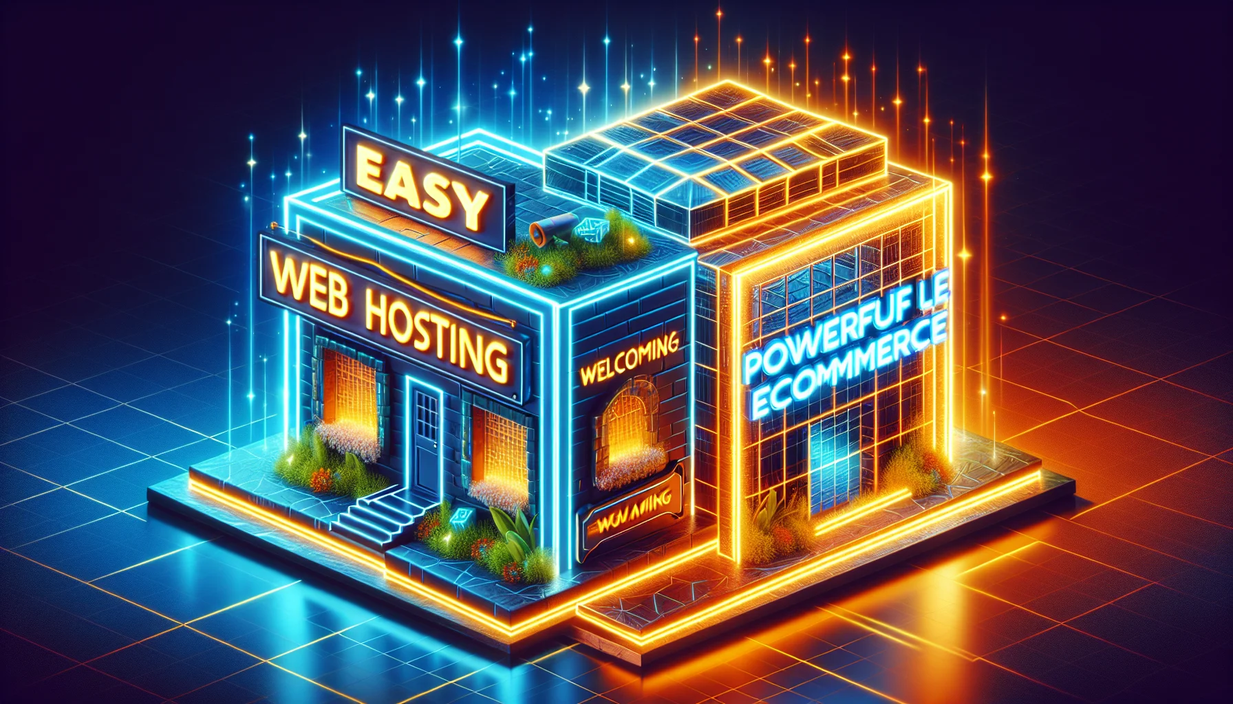 Generate a humorous and enticing image representing a friendly competition between two abstract entities. One side represents easy web hosting, shown as a large, cozy cube with glowing edges and a welcoming sign on the door. The other side symbolizes powerful eCommerce solutions, portrayed as a modern, slick square skyscraper that glows with neon lights, with the words 'Power of eCommerce' scrolling along its perimeter. They are set in a vibrant digital landscape.