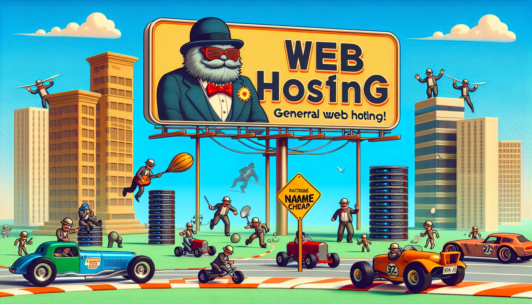 Create a humorous, playful image showcasing a general web hosting scenario. The scene could be set in a digital world, with comic-style illustrations of servers (to represent web hosting) engaging in fun activities like racing or playing musical instruments. A mammoth, vintage billboard prominently showcasing the word 'Name Cheap' stands on a side to hint at affordable web hosting. Lastly, sprinkle some fun elements like server mascots wearing bowler hats, sunglasses, or bow ties walking about. It's a lively, entertaining scenario promoting web hosting.