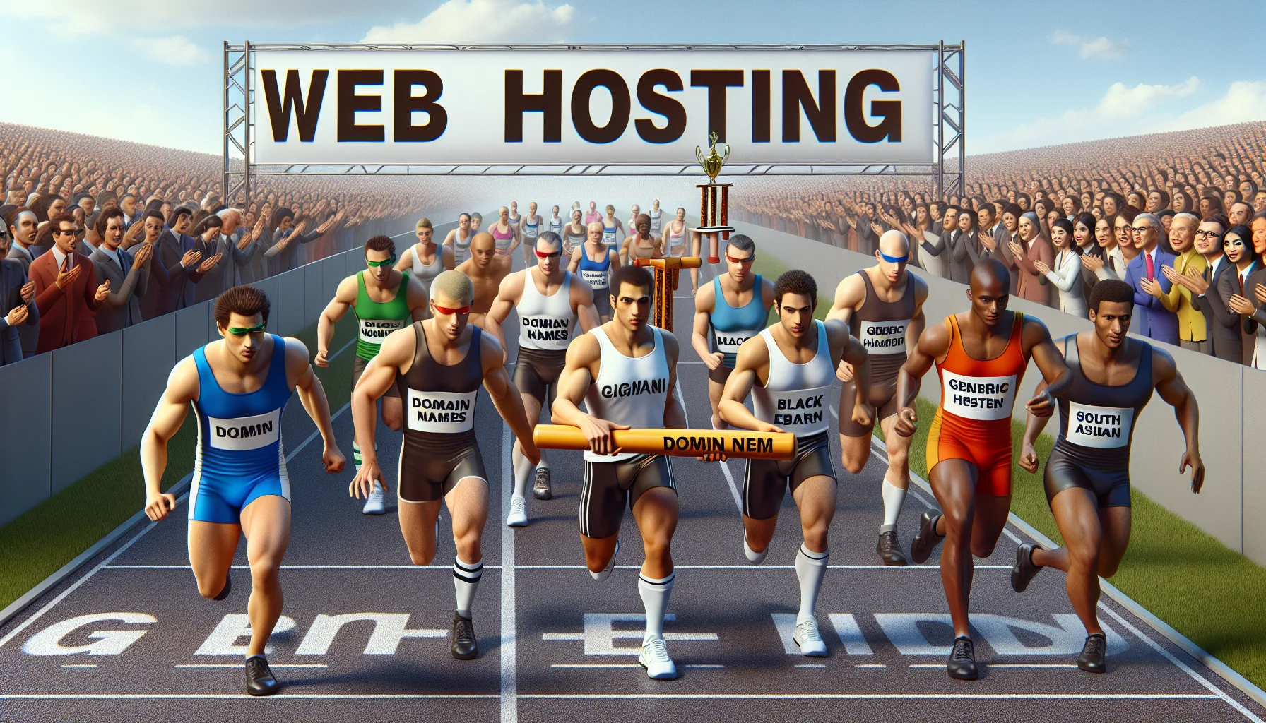 Generate a humorous and realistic image that represents the concept of domain transfer using generic web hosting services. The scene could depict a relay race with batons labeled 'domain names', passed between runners dressed in tech-friendly attire, representing the transfer element. In the background, a large banner displays 'web hosting' and a crowd of diverse individuals of varying ages, genders, and descents such as Caucasian, Black, Middle-Eastern, South Asian, enjoying the race. The enticing part could be a huge trophy awaiting at the end of the race, symbolising the benefits of web hosting. Add subtle elements of technology and coding throughout the image to tie in the concept.