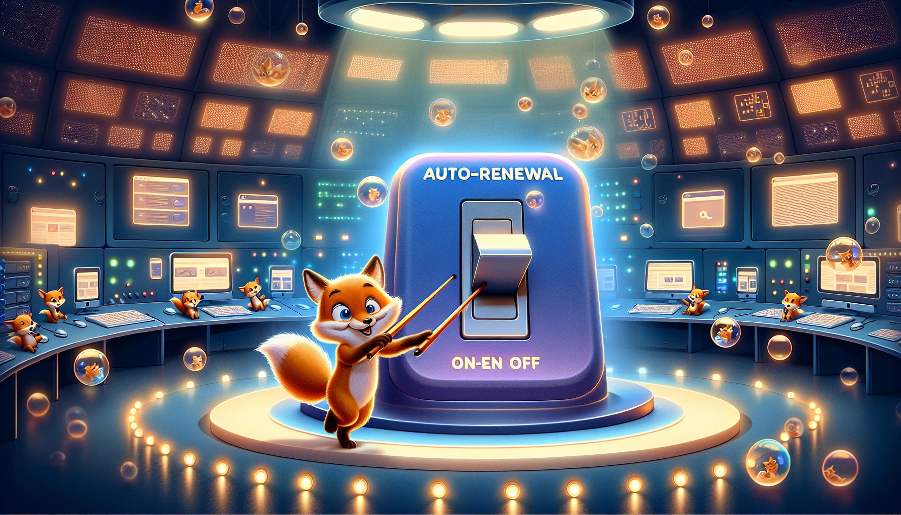 Design a humor-filled scenario where an animated joyful character, be it a playful fox, is flipping a gigantic switch marked 'Auto-Renewal' in the 'OFF' position. The switch is located in the center of a grand, digital control room filled with vibrant lights and futuristic details, representing a web hosting company. Also, integrate the atmosphere with softly glowing screens displaying some lively websites indicating its hosting purpose. Let's wrap up the scene with a comical relief element of seeing bubbles containing smaller versions of the same switch floating around in the background with tiny anthropomorphic woodland creatures turning them off.