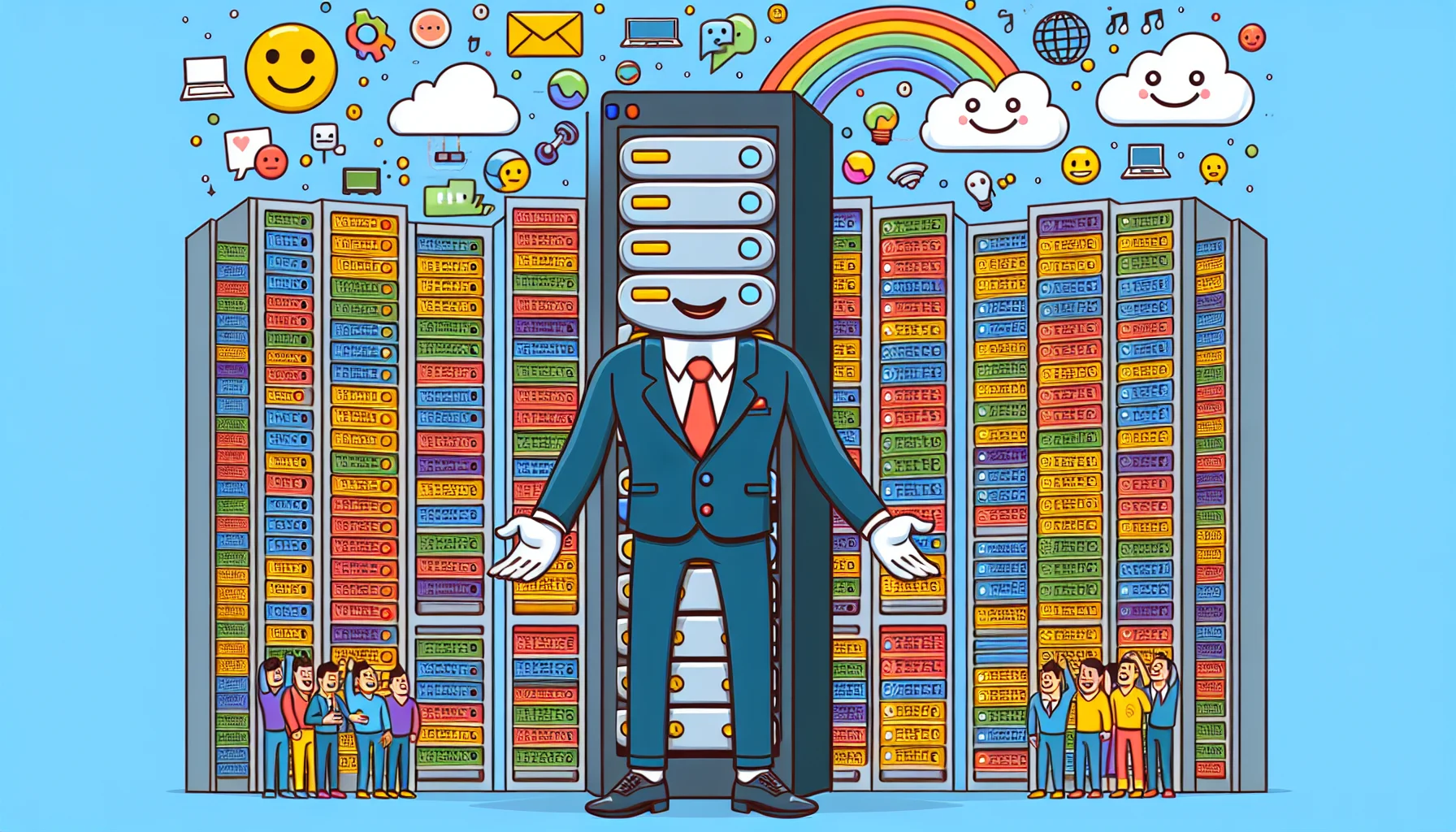 Imagine a humorous and engaging scenario illustrating the concept of web hosting. Visualize a towering server rack dressed in a flexible business suit, engaging in a friendly conversation with an array of colorful, anthropomorphized website icons. The server rack, with a cordial yet robotic smile, offers to carry the website icons' data in its shelving units - metaphorically representing the act of web hosting. To make it more appealing, depict the background filled with lighthearted internet-themed elements like pixelated clouds and binary code rainbows.
