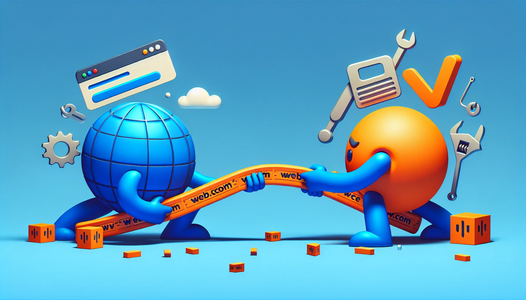 Generate a comical image that portrays a competitive scenario between two abstract conceptual characters representing two popular web hosting services: One character is stylized with features that represent 'web.com', such as a globe as the head and a blue color scheme. The other character is representative of 'Wix', with a toolkit as the head and a bright orange color theme. They engage in a playful tug-of-war over a giant line of code, an image that humorously encapsulates the competitive spirit of web hosting industry.