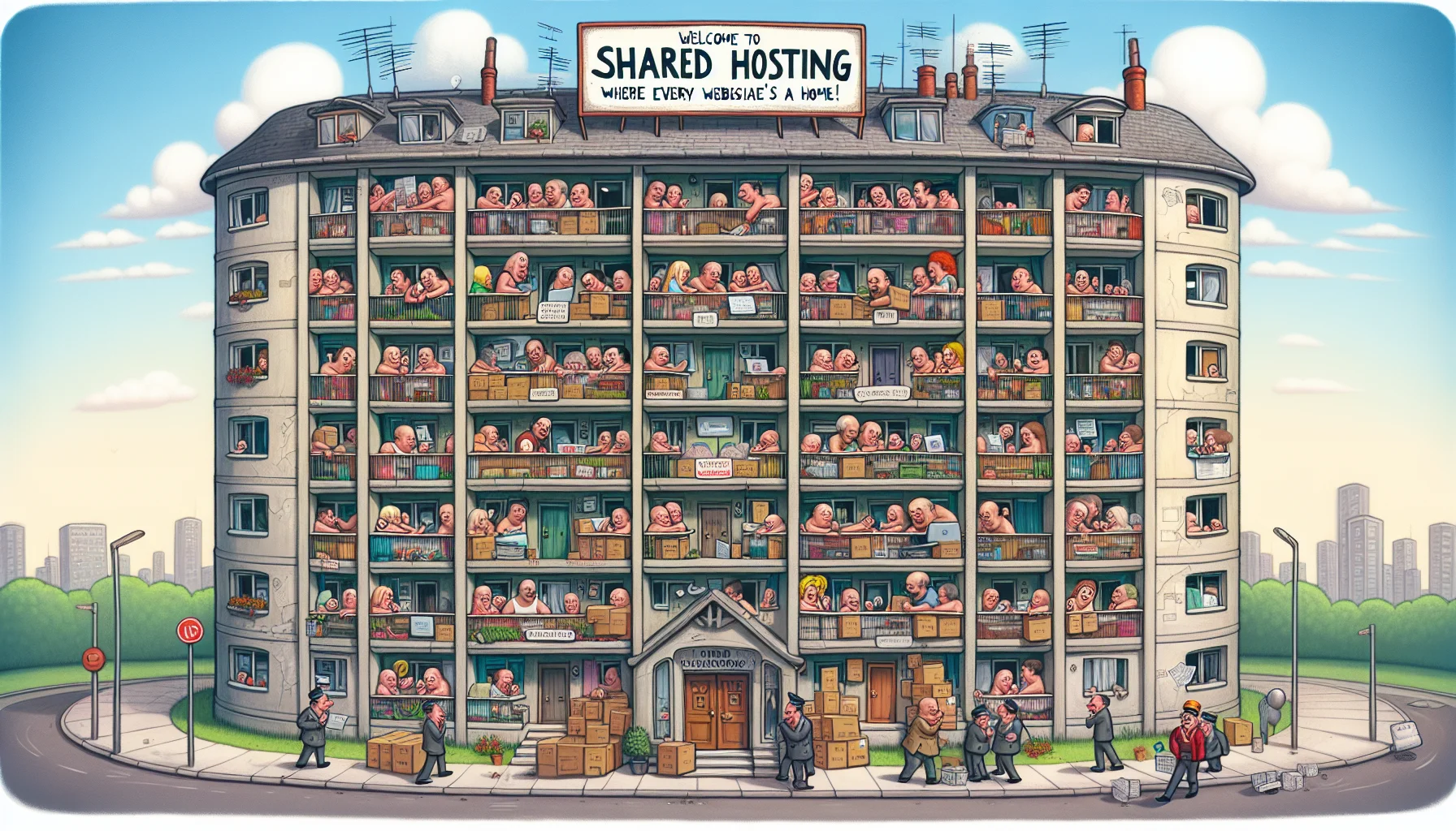 Illustrate a humorous scenario that metaphorically represents shared hosting. Show an old, spacious and slightly worn-out apartment building, with each apartment representing a website. There are diverse people of various descents and genders, peeking from their windows, symbolising website owners. Several busy postmen, representing IP addresses, diligently deliver packages to each apartment. Some apartments have crowded balconies, implying websites with high traffic. There's a whimsical notice board at the front, reading 'Welcome to Shared Hosting Apartments, where every website has a home!' The image should be enticing and convey the shared resources, yet charm and chaos of shared hosting.