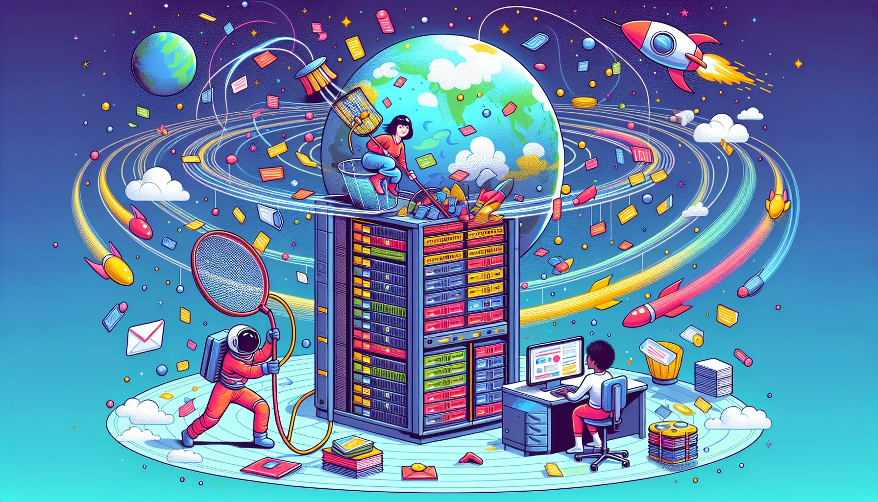 Create a detailed and humorous illustration of what web hosting is. Visualize a server shaped like a small planet in the middle of space, with colorful data and files rocketing around in its orbit. In the scene, there's also an East Asian female astronaut holding a large net attempting to catch some of the data for her website. On the planet server, a Black male operator sits behind a large control desk, juggling numerous incoming and outgoing data packets. Use vibrant colors and playful, imaginative context to portray the functions of web hosting in a fun light.