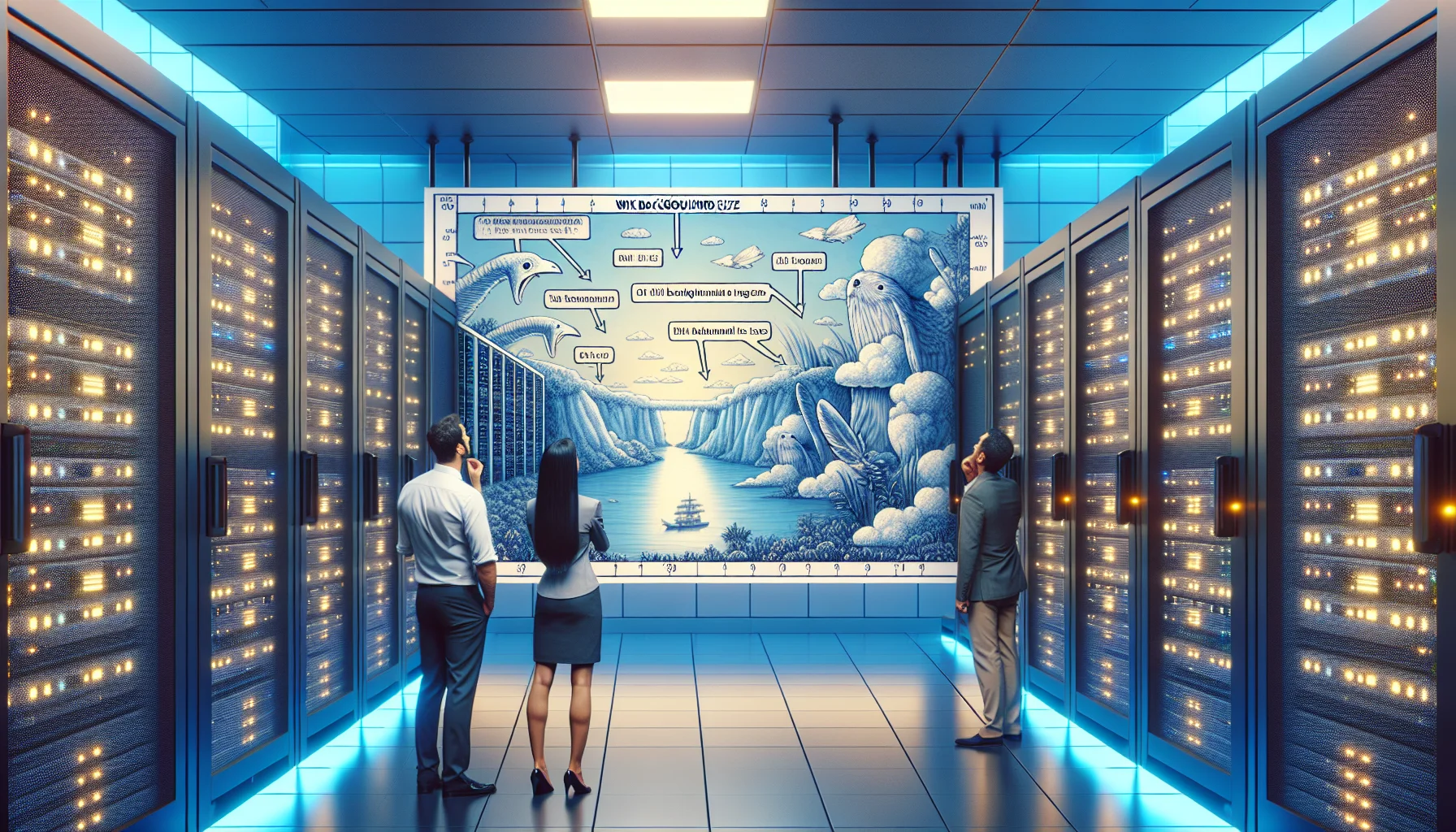Create an image illustrating a humorous scenario related to web hosting. Display a comic relief event in a data center where servers are neatly stacked, blinking with various lights. The scene is lit by a pale blue, almost luminous hue. On the wall, instead of the usual technical schematics, there is an oversize surreal blueprint titled 'Wix Background Image Size'. The blueprint shows exaggerated dimensions and funny annotations, causing a couple of technicians, a Hispanic woman and a Middle-Eastern man, to laugh as they observe it. Their amusement adds an enticing atmosphere to the otherwise serious setting of the data center.