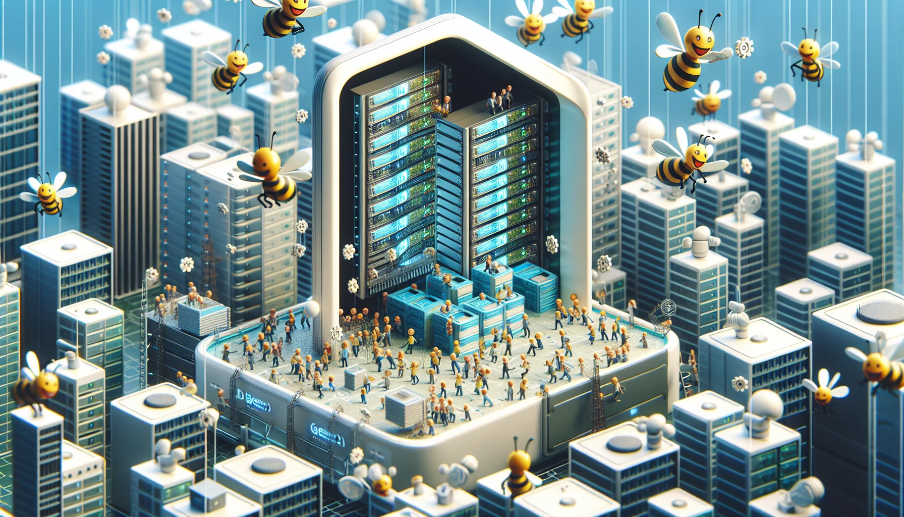Generate a humorous, creative image that showcases a generic branded web hosting application. In this scenario, the app finds itself in a lively environment filled with servers portrayed like bustling city buildings. On the screen of the application, we see tiny human-like figures working away, reminiscent of the inside of an active hive. There's a sense of lightness and fun, with characters laughing and smiling as they go about their tasks. This is to convey the ease and joy of web hosting through this application, attracting viewers to explore it further.