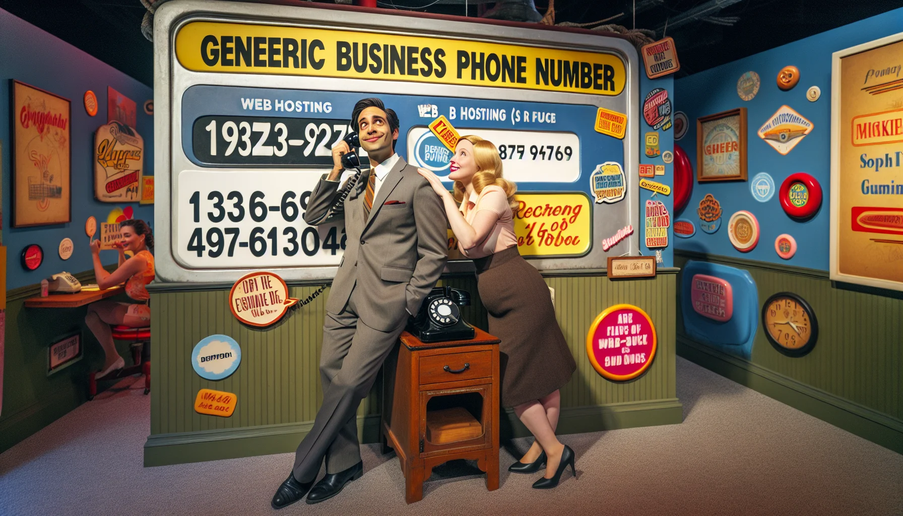Visualize a whimsical scene showcasing a generic business phone number pinned up on the wall in a vibrant, bustling office environment dedicated to web hosting. Promote an air of enthusiasm and allure, as the employees, a blonde caucasian woman and a South Asian man with a neat, short haircut, share a playful moment. The surrounding space is filled with comedic web hosting-themed stickers and posters. Additionally, incorporate exaggerated features like a gigantic vintage telephone or humorous website designs hanging on the walls to fuel the comical ambiance.