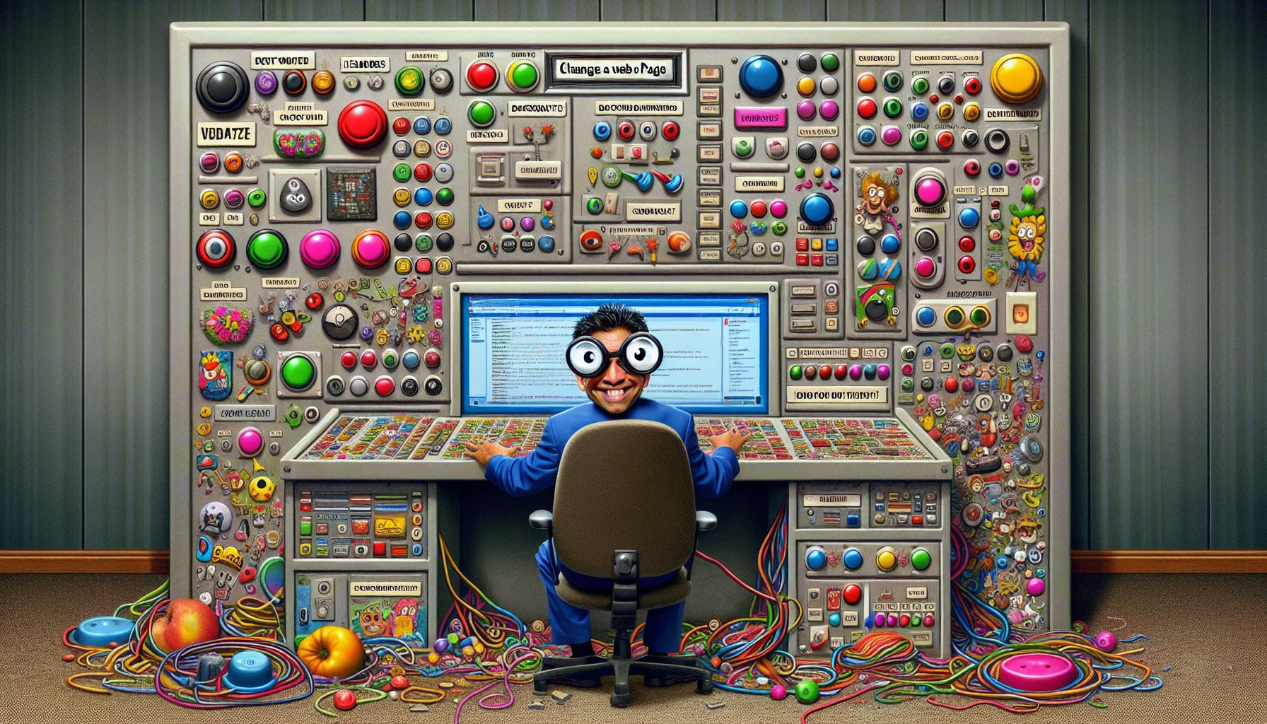 Create a humorous image featuring the process of changing a web page template. Picture a mischievous South Asian male coder in front of a gigantic, slightly overwhelming control panel filled with a myriad of colorful knobs and switches labeled with wacky webpage elements (e.g., headers, footers, backgrounds, widgets). Next to the panel, there's a large screen displaying a hodgepodge website full of mismatched elements reflecting the coder’s chaotic but creative process. Further enhance the scene with a pair of cartoon-like glasses resting on his head, symbolizing precision and attention to detail, suggesting the idea of web hosting in a lighthearted way.