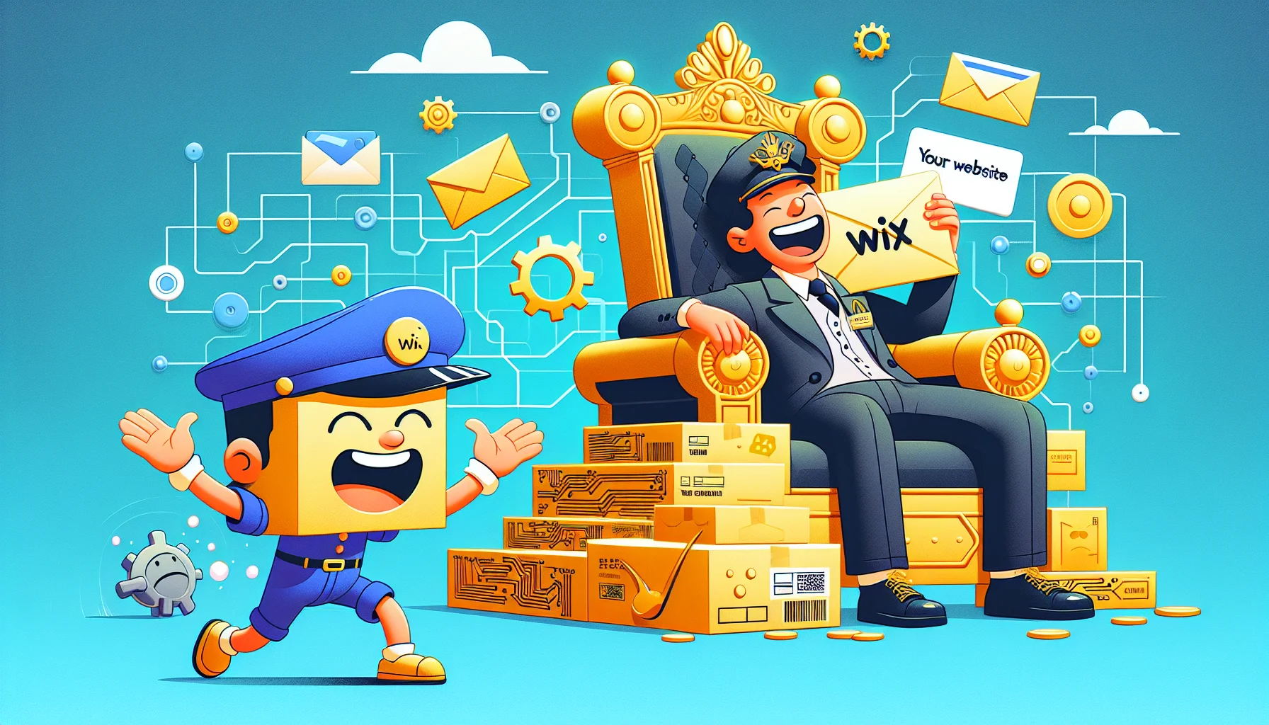 Create a humorous and enticing image that showcases a scenario of web hosting. There could be a mailman character, symbolizing 'Constant Contact', attempting to send a huge envelope which is humorously marked as 'Your Website'. Nearby, an engineer character representing 'Wix', is laughing while comfortably sitting on a golden throne made up of gears and circuits, showing off the ease of using Wix for web hosting.