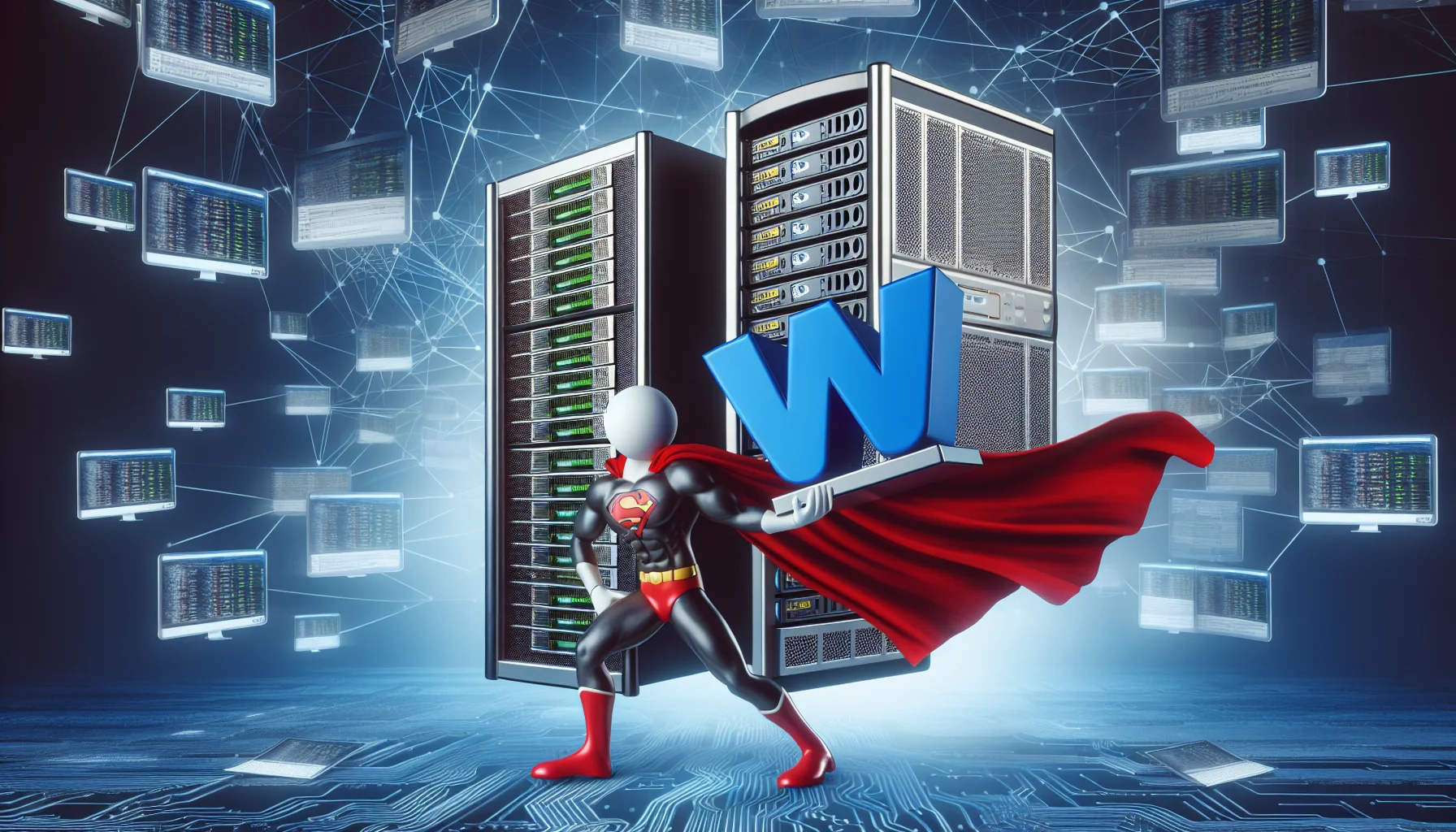 Create a humorous and appealing image showing a generic World Wide Web icon participating in an enticing scenario related to web hosting. Imagine the icon dramatically supporting a server rack, symbolizing it shoulders the burden of maintaining an online presence. Have it wearing a superhero cape, posing in front of a background filled with a complex network of wires and data flow. Remember to make it highly realistic and engaging, appealing to the web-savvy viewer.